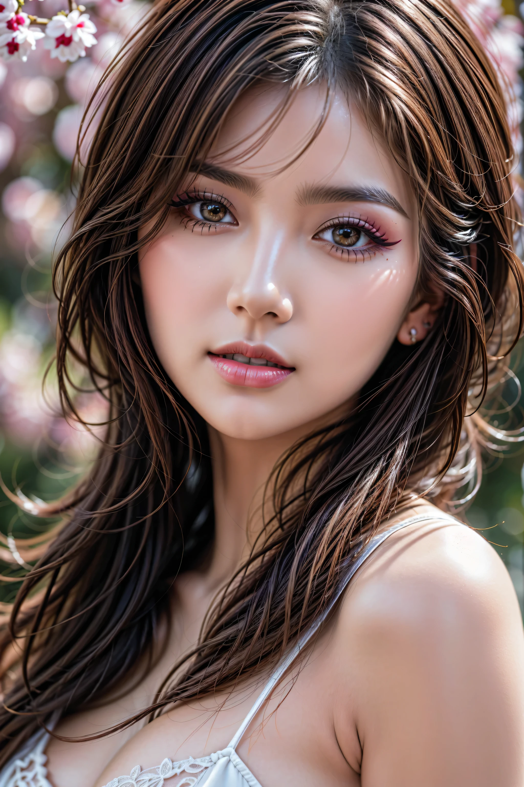 Realistic (photorealistic Realism), (high resolution), ((intricately detailed digital art)), (ultra realistic texture details: velvety skin, hair), ((ultra quality)), (UHD:1.3), professional photography, (glamour shot of Japanese woman:1.3), (intricately detailed realistic brown_eyes:1.2), (perfect proportions),((anatomically correct)),((perfect female body)),((firm and full normal breasts:1.2)),beautiful cheekbones,(Super beautiful),perfect round eyes,finely detailed pupils,BREAK,detailed lips:1.3,makeup:1.3,red_lipstick:1.2, Thin eyebrows, Carefully draw eyelashes, Eyelash extensions, Gal Makeup, realistic dull skin noise, visible skin detail, skin fuzz, dry skin, (blush:0.5), (Goosebumps:0.3), Voluminous updo, (vivid and colorfu)l, The attention to detail, satisfaction smile,  best high quality soft lighting, sharp focus captured by Fujifilm XT3, f 5.6, in a dramatic lighting, (perfect composition), ((outside,an orchard of blooming cherry trees:1.1)),(random u%u top:1.35), exquisite balance of shadows,perfect composition, ((upper body shot:1.3)),look at the viewer, 