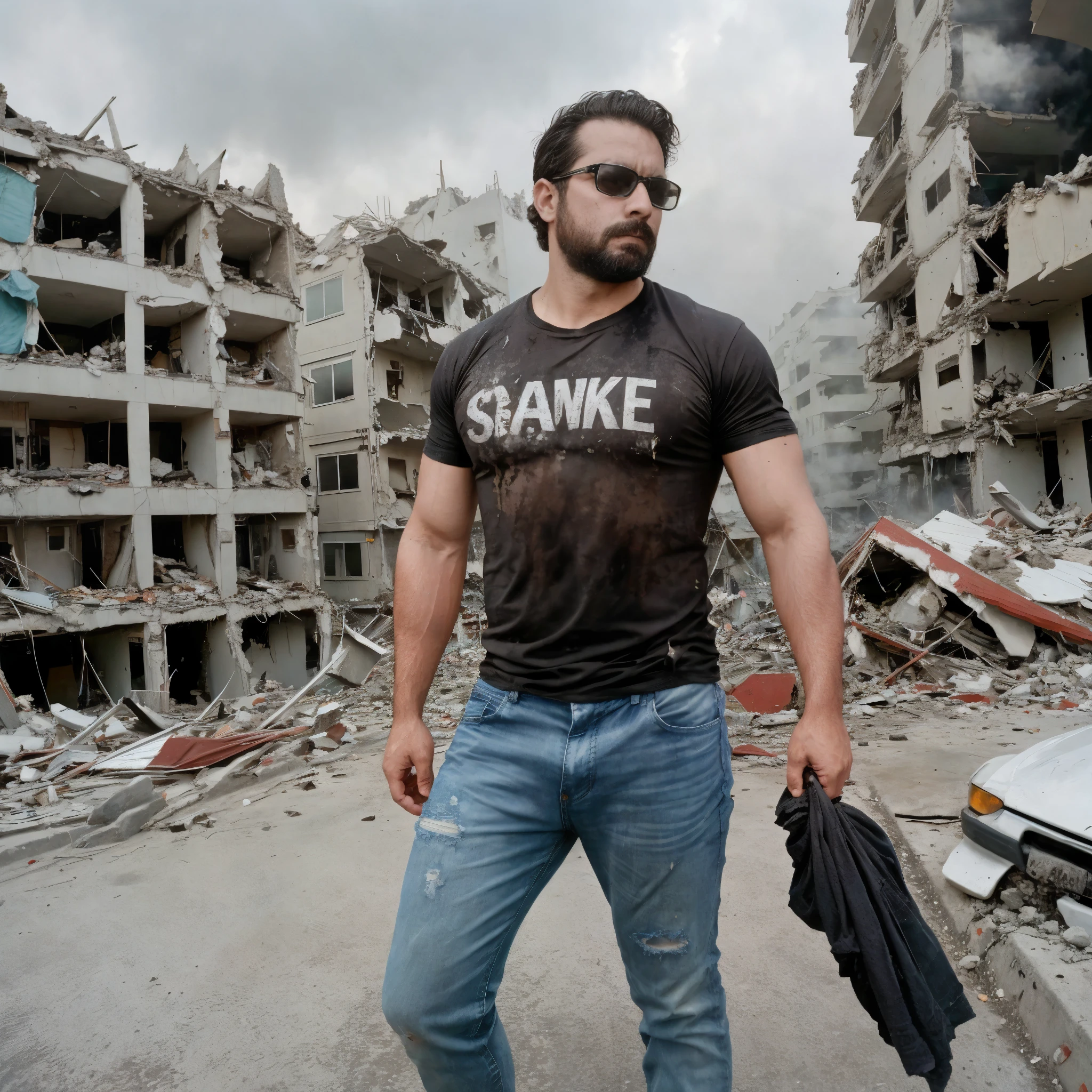 A 3 man, manly looking and wearing dark glasses, is in the middle of a devastating earthquake. Buildings collapse around them, and the ground cracks under their feet. His face reflects determination, with deep details of sweat and dirt. She is wearing a tight T-shirt and jeans torn by falling debris.. The sky is covered in dust and smoke, while he stands firm, looking at the chaos with intensity.

