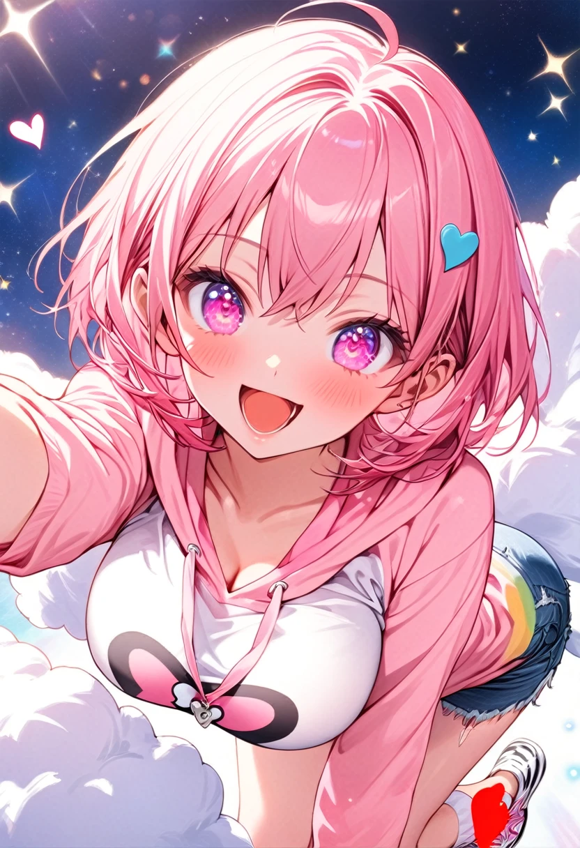 1 girl, short height, 150 cm, small frame, slender body, (large breasts), natural rounded chest, bright and energetic personality, slightly shy, short bob hair, layered, fluffy, vibrant pink hair, light gradient towards the tips, large round eyes, playful and warm gaze, soft round face, youthful cheeks, blushing slightly, excited expression, open mouth smile, casual clothing, pastel pink hoodie, white T-shirt, denim shorts, casual sneakers, energetic pose, leaning slightly forward, joyful, innocent charm, sparkling background, heart motifs, glowing particles, soft lighting, ultra high quality, premium resolution, 8k ultra high resolution, finely detailed face, highly detailed eyes, finely detailed hands, soft shading, artistic depth