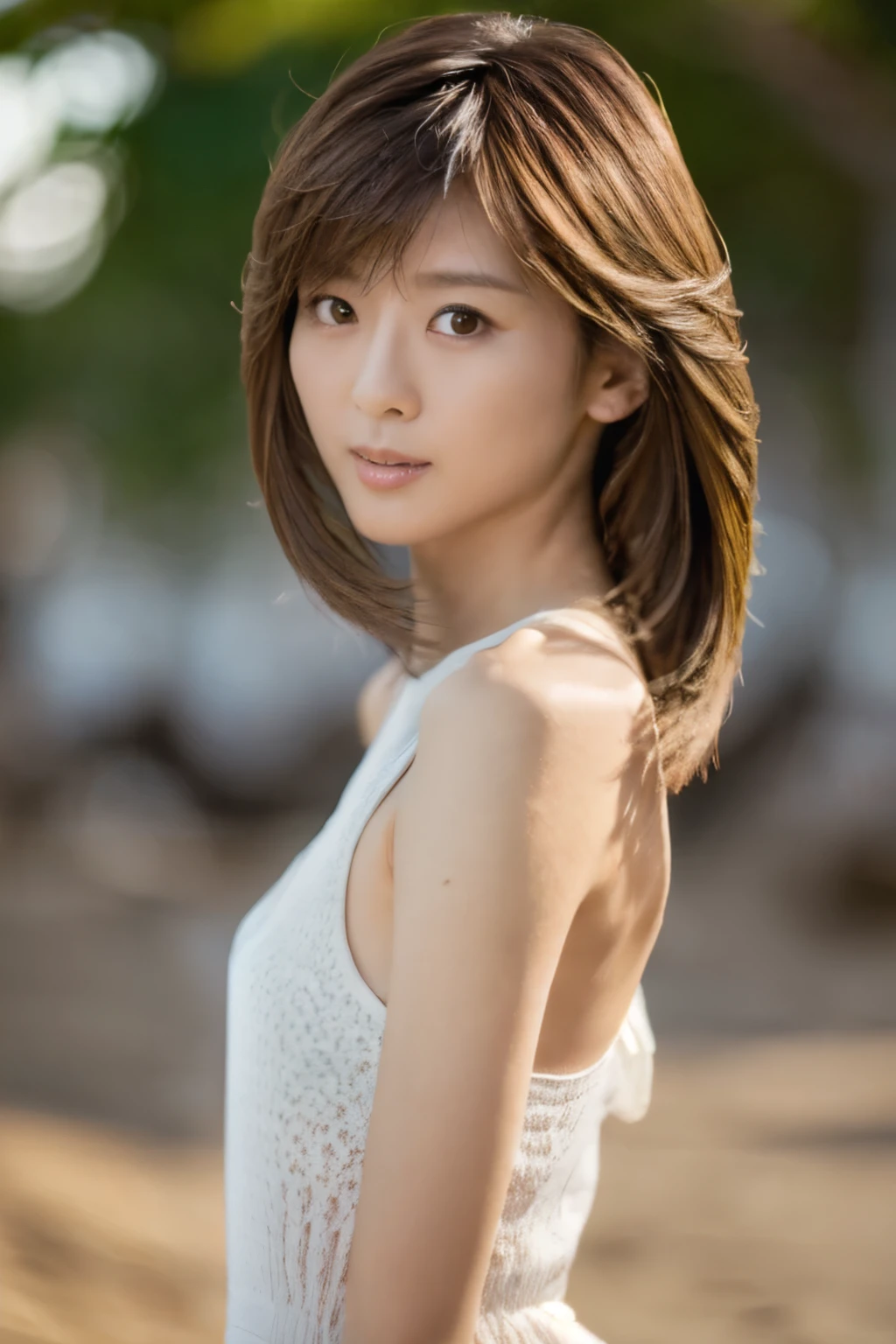 Top quality, realistic, perfect human body structure, very detailed, very delicate and beautiful, RAW photography, beach, professional lighting, luminescence, depth of field, single focal, full body, Skinny Japanese lady, 30 year old lady, brown hair, small head, beautiful eyes, real face, realistic skin, detailed eyes, (fashionable hairstyle: 1.3), sexy pose, absurderes, Incredibly Ridiculous res, Extremely fine, Blouse