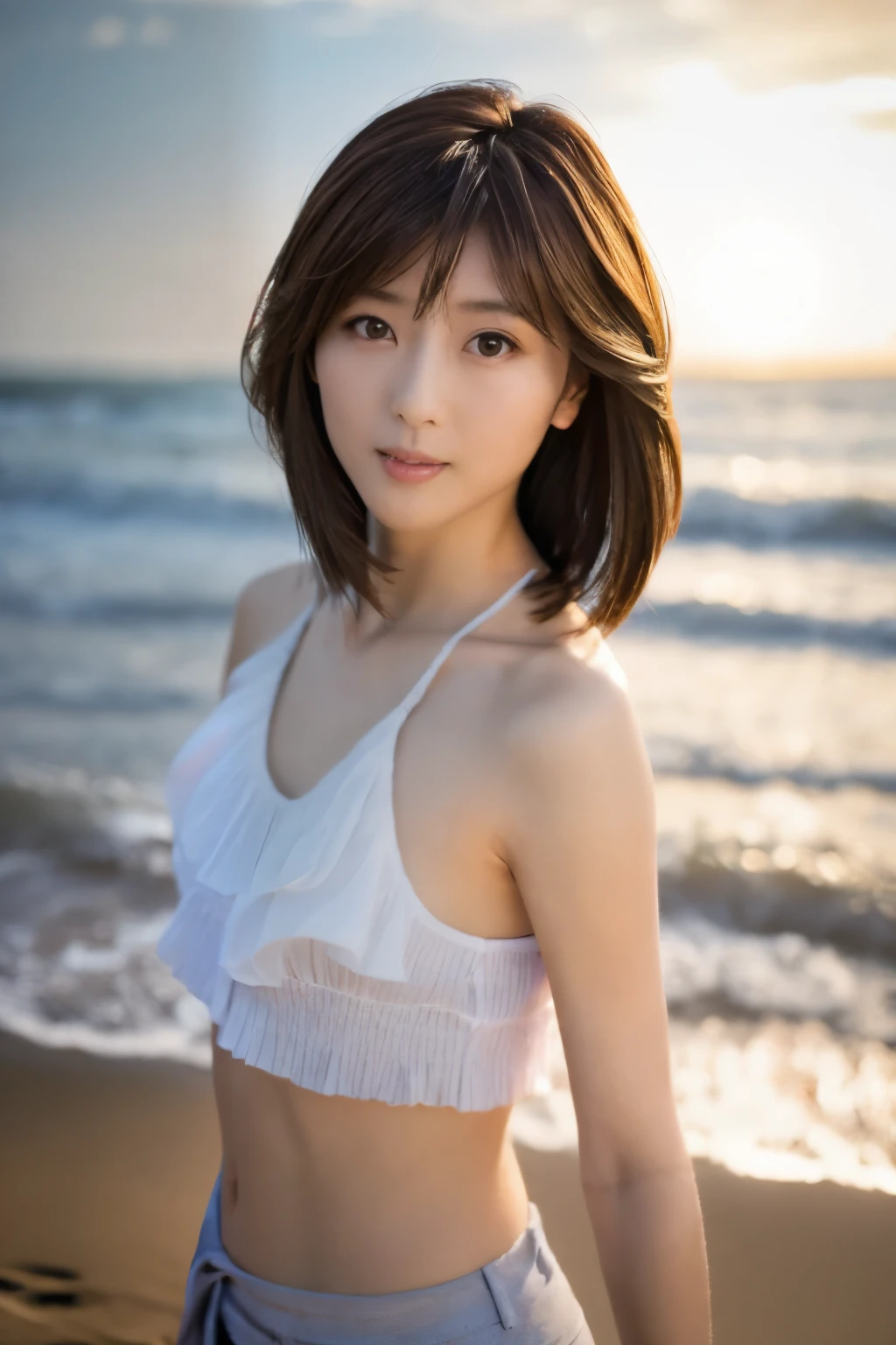 Top quality, realistic, perfect human body structure, very detailed, very delicate and beautiful, RAW photography, beach, professional lighting, luminescence, depth of field, single focal, full body, Skinny Japanese lady, 30 year old lady, brown hair, small head, beautiful eyes, real face, realistic skin, detailed eyes, (fashionable hairstyle: 1.3), sexy pose, absurderes, Incredibly Ridiculous res, Extremely fine, Blouse