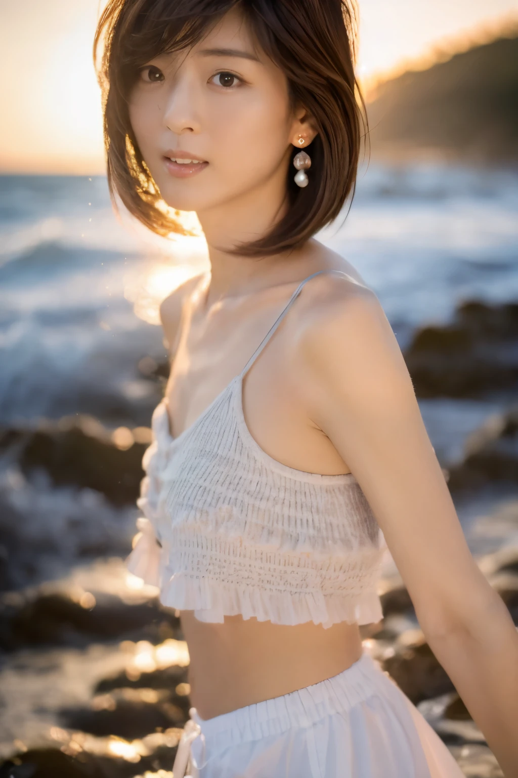 Top quality, realistic, perfect human body structure, very detailed, very delicate and beautiful, RAW photography, beach, professional lighting, luminescence, depth of field, single focal, full body, Skinny Japanese lady, 30 year old lady, brown hair, small head, beautiful eyes, real face, realistic skin, detailed eyes, (fashionable hairstyle: 1.3), sexy pose, absurderes, Incredibly Ridiculous res, Extremely fine, Blouse