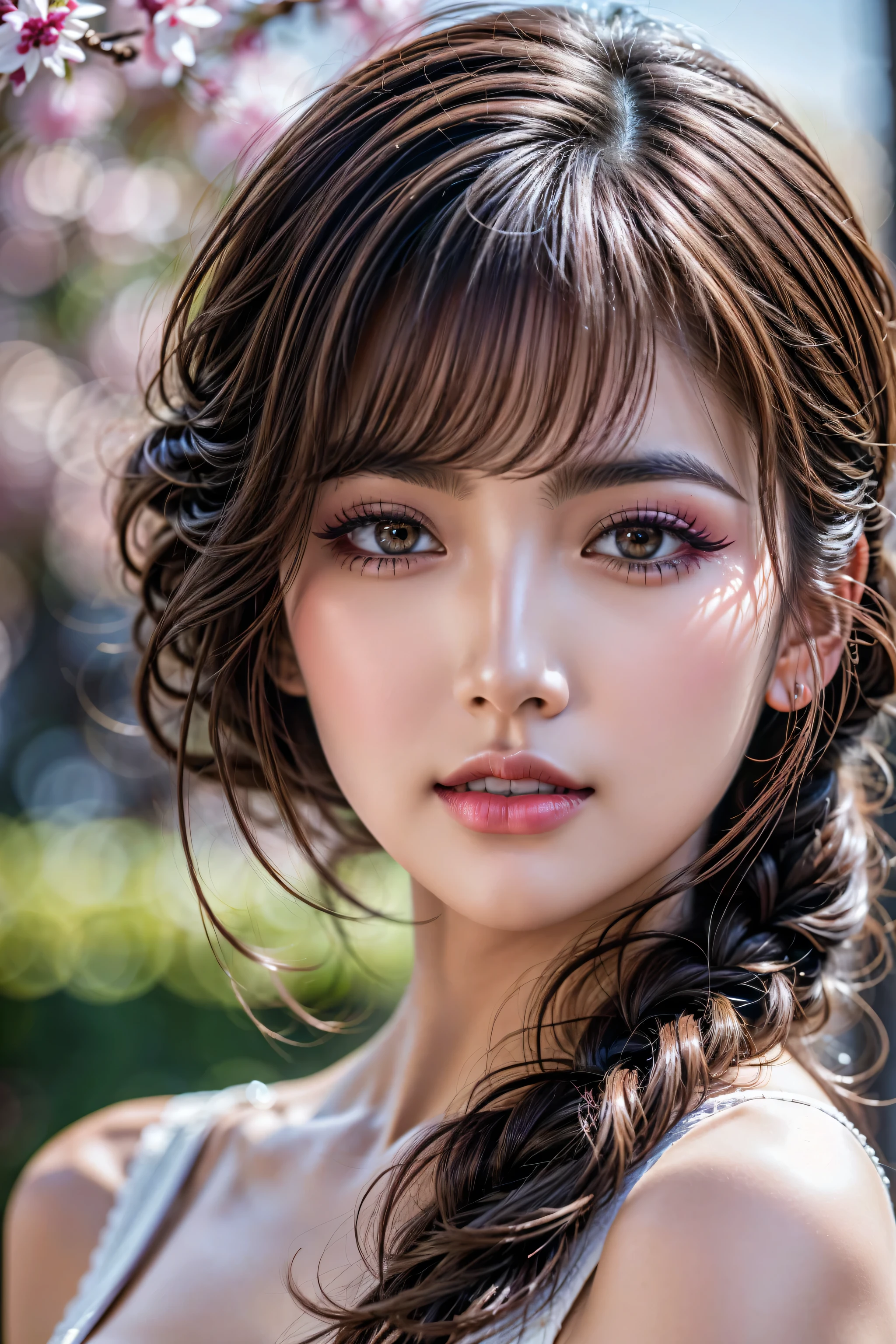 Realistic (photorealistic Realism), (high resolution), ((intricately detailed digital art)), (ultra realistic texture details: velvety skin, hair), ((ultra quality)), (UHD:1.3), professional photography, (glamour shot of Japanese woman:1.3), (intricately detailed realistic brown_eyes:1.2), (perfect proportions),((anatomically correct)),((perfect female body)),((firm and full normal breasts:1.2)),beautiful cheekbones,(Super beautiful),perfect round eyes,finely detailed pupils,BREAK,detailed lips:1.3,makeup:1.3,red_lipstick:1.2, Thin eyebrows, Carefully draw eyelashes, Eyelash extensions, Gal Makeup, realistic dull skin noise, visible skin detail, skin fuzz, dry skin, (blush:0.5), (Goosebumps:0.3), Voluminous updo, (vivid and colorfu)l, The attention to detail, satisfaction smile,  best high quality soft lighting, sharp focus captured by Fujifilm XT3, f 5.6, in a dramatic lighting, (perfect composition), ((outside,an orchard of blooming cherry trees:1.1)),(random u%u top:1.35), exquisite balance of shadows,perfect composition, ((upper body shot:1.3)),look at the viewer, 