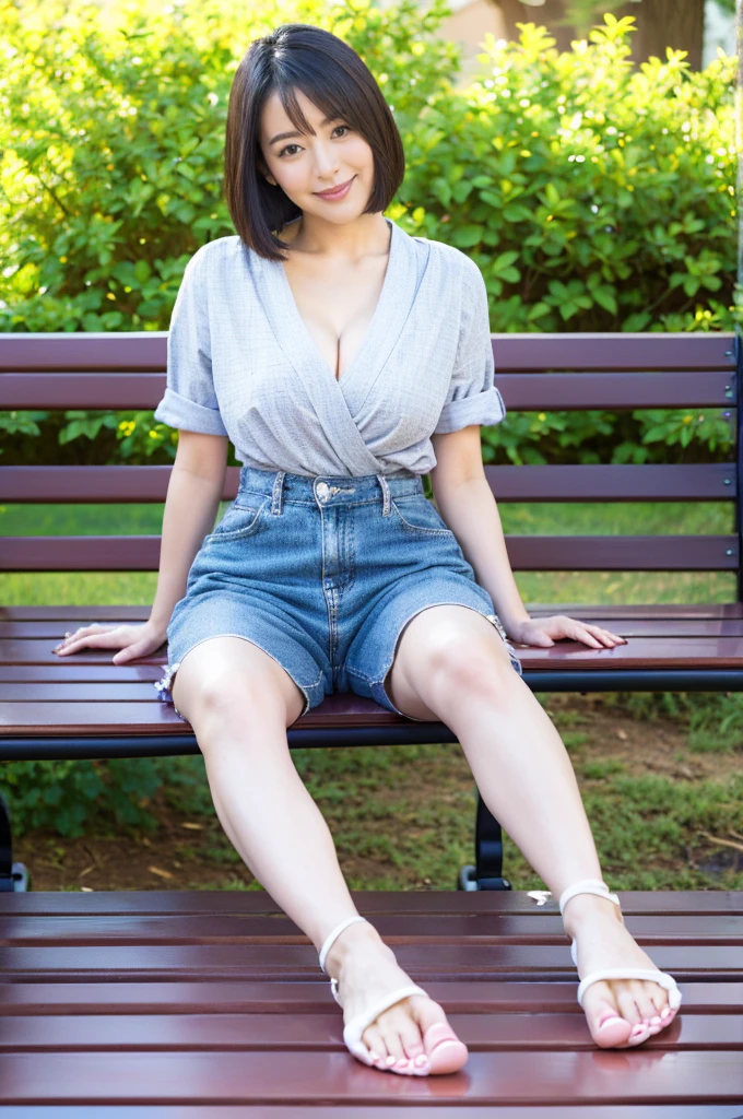 Best quality,masterpiece, Photography, (RAW photo:1.3),beautiful girl,miniskirt：2.0,charm,Sexy,Large Breasts,Fair skin,necklace, Large Breasts：1.8,Thick Legs：1.8,strong,widest hips,high-waisted skirt, denim shorts, off-the-shoulder top, crop top, waist belt, earrings, bracelet，Exposing thighs，Long legs，Wearing high heels,Height 175 cm， outstretched arms，（presenting armpit:1.2），White legs,Wide hips:2，charming， Outdoor Environment，standing，chubby massive thighs ，Close shot，from below：1.8
