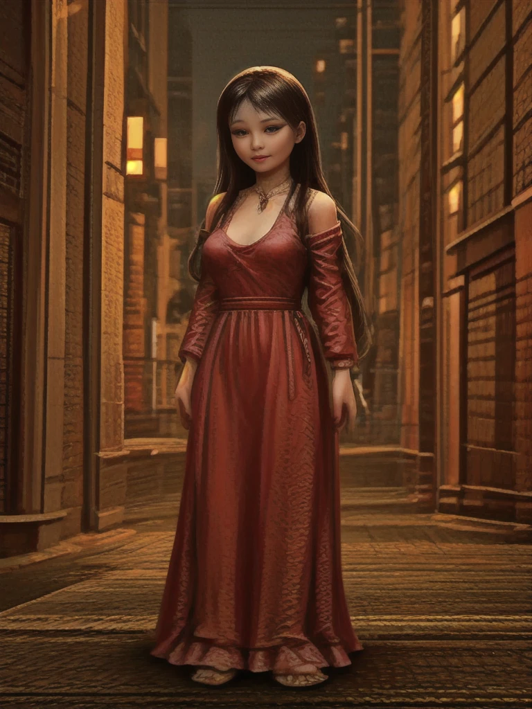 20 years old asian girl with long hair in downtown, nightlife, smiling, long red dress, sandale, full body, brunette hair, small breast, (beautiful deatailled eyes:1.2), real human, ultra detailed, (texture:1.1) (realism:1.1)