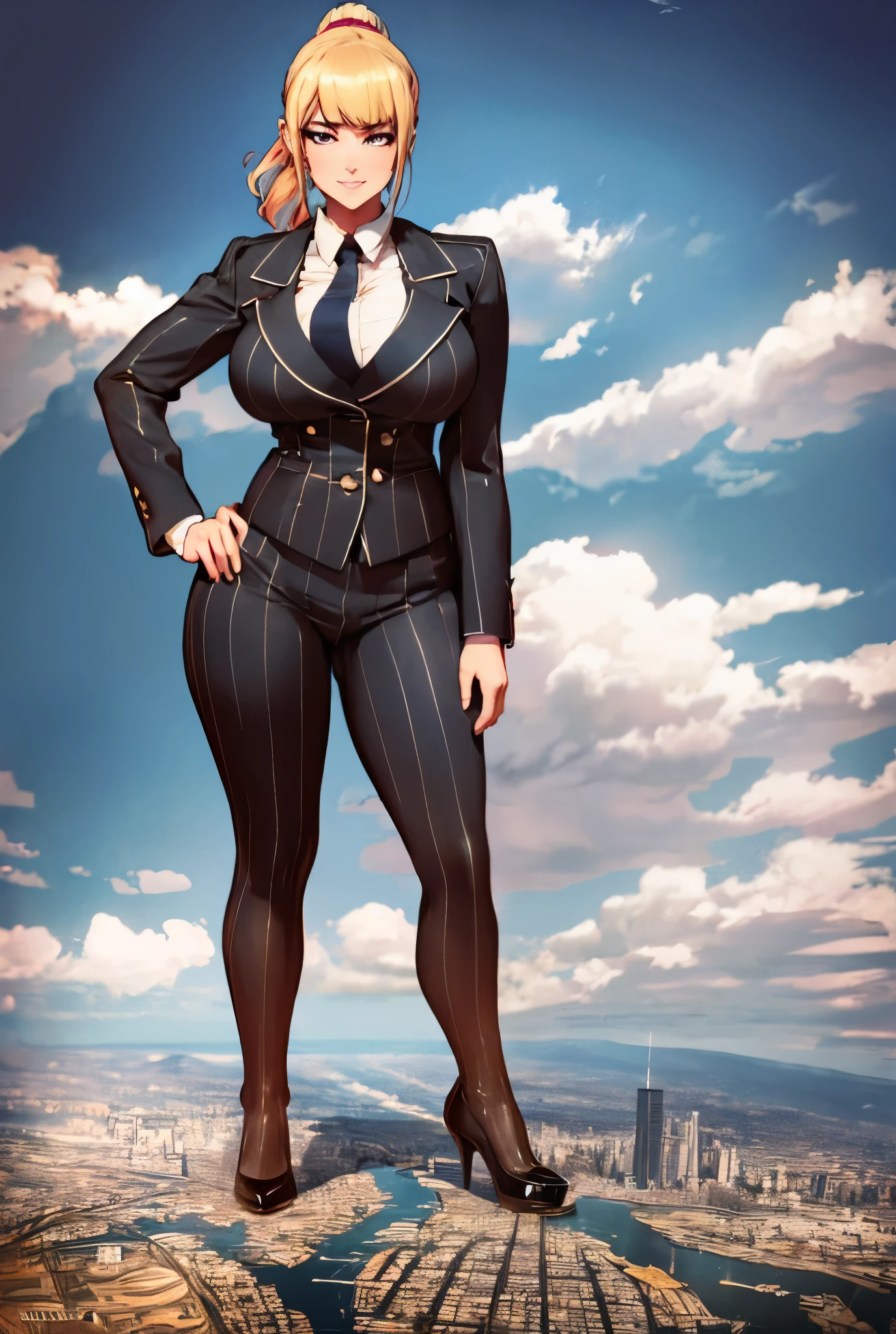 A growing Young adult women beautiful curves a massive thighs blonde hair in a ponytail lipstick wearing a perfect perfect tailored grey pinstriped trouser suit and blazer, crisp white shirt and large broad crimson windsor knot tie,colossal breasts. Platform high heels , standing, giantess art, tie clip, highly detailed giantess shots, giantess, most detailed, perfect face, Two legs, Five fingers, short hair, A girl who is bigger than a skyscraper, standing on very small city new york, skyscarpers at their feet, skyscrapers small, smile, huge breasts, major metropolis, numerous cities, , A very small big city, Miniature metropolis, Full body description, GTS, giga giantess, gigagts, stomping city, crash city, tiny city, micro city, , High resolution, highest quality, masterpiece,  tiny destroyed skyscrapers city, illustration, skyscrapers size of small toys standing behind and very far away from city, (masterpiece, best quality, best shadows, best shading, perfect hands, perfect face, cinematic lighting, colorful, ultra-detailed, beautiful photography, character focus, extremely-detailed, photorealistic, hyper photorealism, atmospheric), ), (giantess, stereotypical office boss), (dirty, filthy, unwashed, sweaty, unkempt, happy, tired, exhausted, annoyed), ((walking, mid stride:1.2, stepping down on:1.2, stomping, crush, rampage)), (black patent Louboutin rounded toe pumps, high heels, platform heels), ((,)), ((long ponytail hair with front bangs)), (high altitude photography, satellite view), (curvy, , heaving bosom, legs), (mega city, urban sprawl, and small towns, buildings, roads), (((cloudy, overcast, clouds and atmosphere partly obscuring the subject:1.2, hazy atmosphere, haze in foreground, wispy clouds))) footprints warzone 