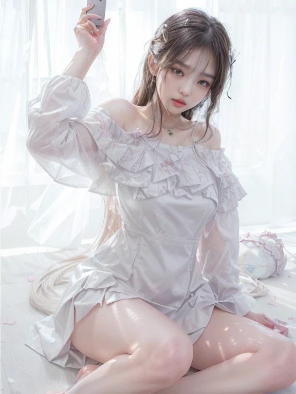 anime girl sitting on the floor with a cell phone in her hand wearing a white men's shirt as a dress, top rated on pixiv, seductive anime girl, guweiz, at pixiv, pixiv, popular on pixiv, ahegao, soft anime illustration,  in dress, pixiv 3dcg, in white clothes, beautiful anime girl squatting, pixiv daily ranking