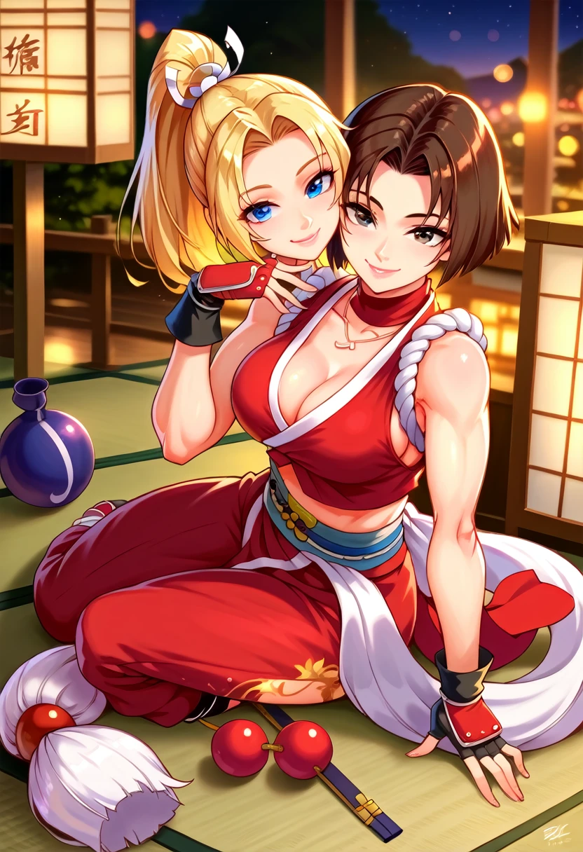 two woman kissing each other, score_9, score_8_up, score_7_up, 1girl, solo, BlueMary, short hair, blue eyes,pants, crop top, turtleneck, belt, large breasts, fingerless gloves, necklace, standing, standing, lying on floor, on side, flirtatious smile, looking at you, night, street, illimunated city, from above, ((、Mai Shiranui,ponytail,Background is a Japanese-style room in a Japanese house:1.3)),, Looking at the audience,Slim and sexy figure, the best quality, (8k), (4K),(masterpiece), (the best quality), Extremely detailed, Game CG, Ultra Detailed, illustration, Beautiful Body,Beautiful nose,fair character design, Perfect Eye, Perfect Face , 1 girl, 30 years,Fair Finger,Fair body, Fair Nose,Fair character design, perfect Eye, perfect Face,expressive Eye,Perfect balance,(Light_Smile:0.3), official art,Extremely detailed CG Unity 8K wallpaper, Perfect lighting,rich and colourful, bright_front_Face_Lighting,White skin, (masterpiece:1.0),(the best_quality:1.0), Ultra-high resolution,4K,Ultra Detailed, photography, 8k, HDR, high resolution, Kodak Portrait 400, Film Grain, Blurred background, bokeh:1.2,Professional photographer, (Fair,Big goals_Chest:1.4), underwear,lace, underwear, lingerie、(((smile,pretty face:1.3))), full body, kissed, kissing , kiss, brwon hair
