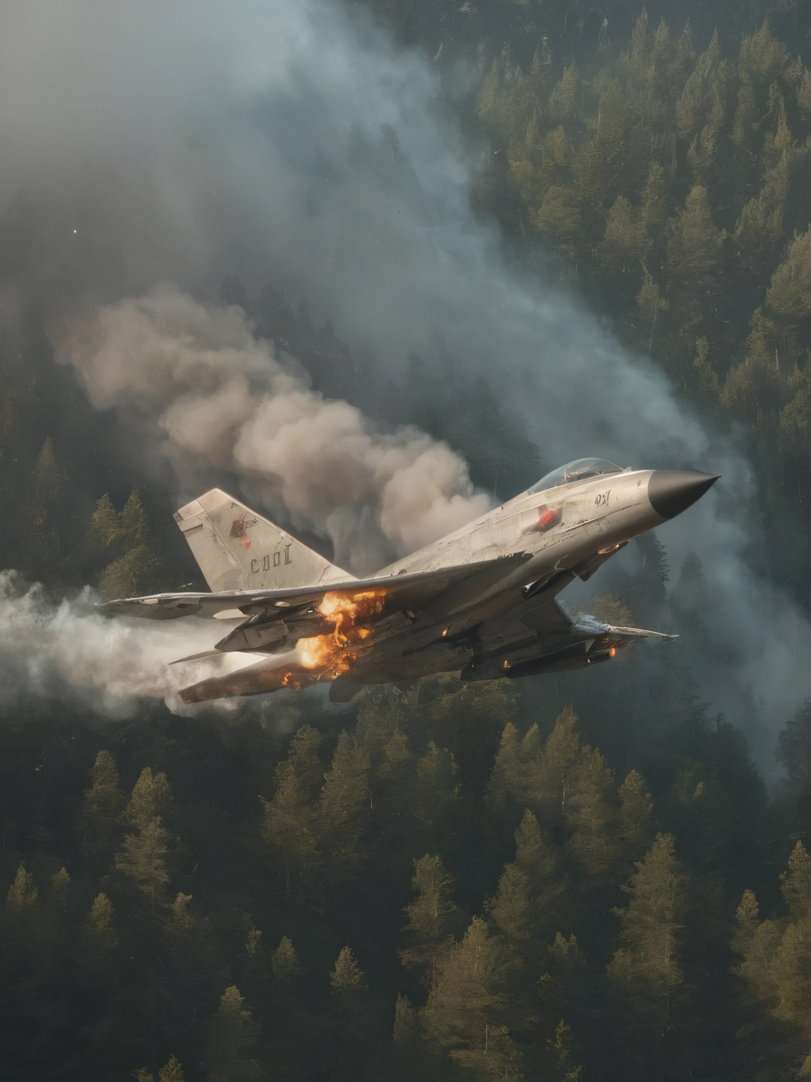 a mig-21 fighter jet, side view, flying high over lush pine forest, morning, burning tail, plane on fire, 1960s, hyperrealistic, photorealistic, 8k, ultra-detailed, cinematic lighting, dramatic, highly detailed aircraft, realistic smoke and flames, intricate details, vibrant colors, beautiful landscape, realistic textures, volumetric lighting