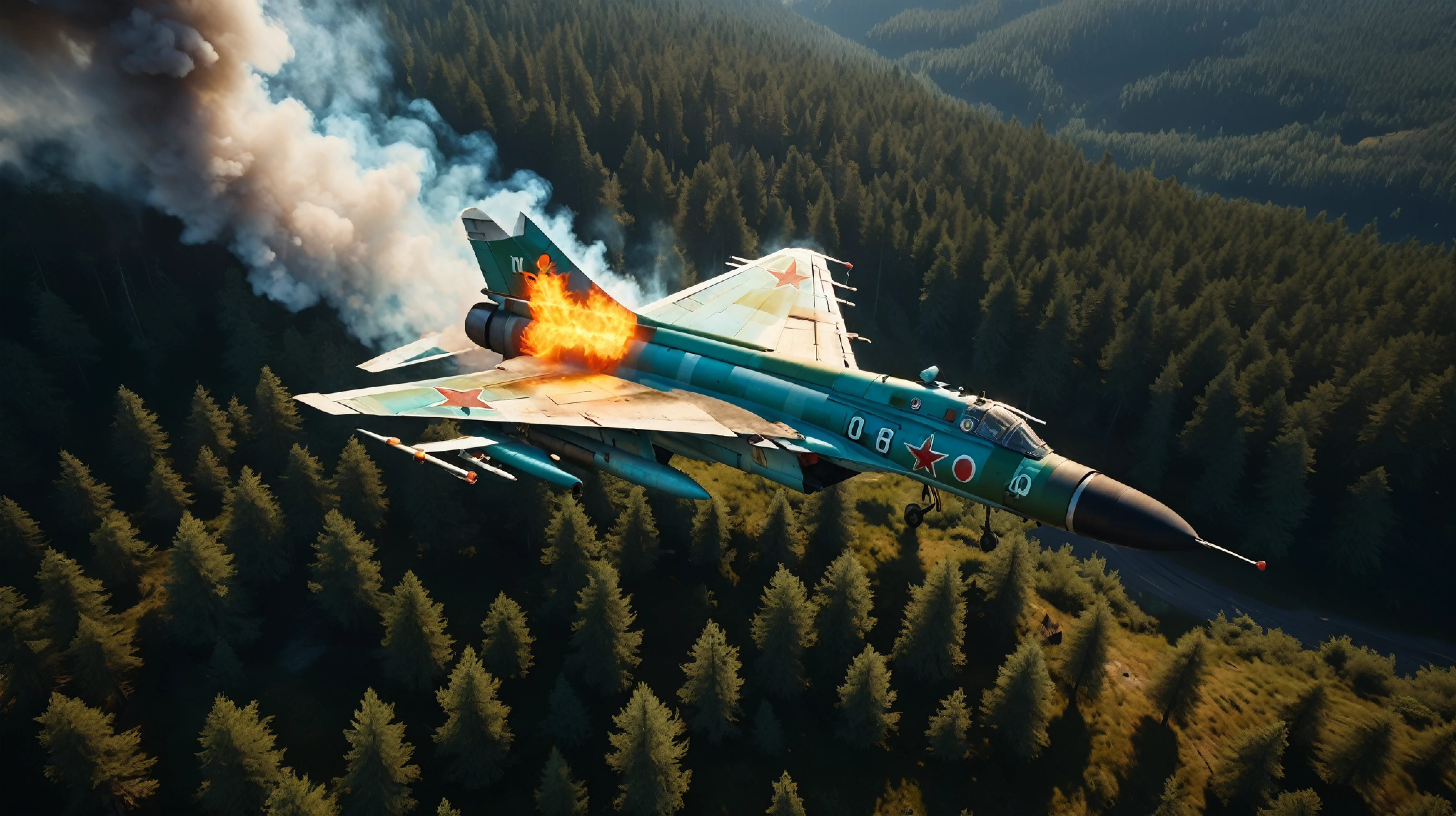 a mig-21 fighter jet, view from above, flying (high) over lush pine forest, morning, burning tail, plane on fire, 1960s, high altitude, engine fire, engine smoke, engine damage, fuselage damage, hyperrealistic, photorealistic, 8k, ultra-detailed, cinematic lighting, dramatic, highly detailed aircraft, realistic smoke and flames, intricate details, vibrant colors, beautiful landscape, realistic textures, volumetric lighting