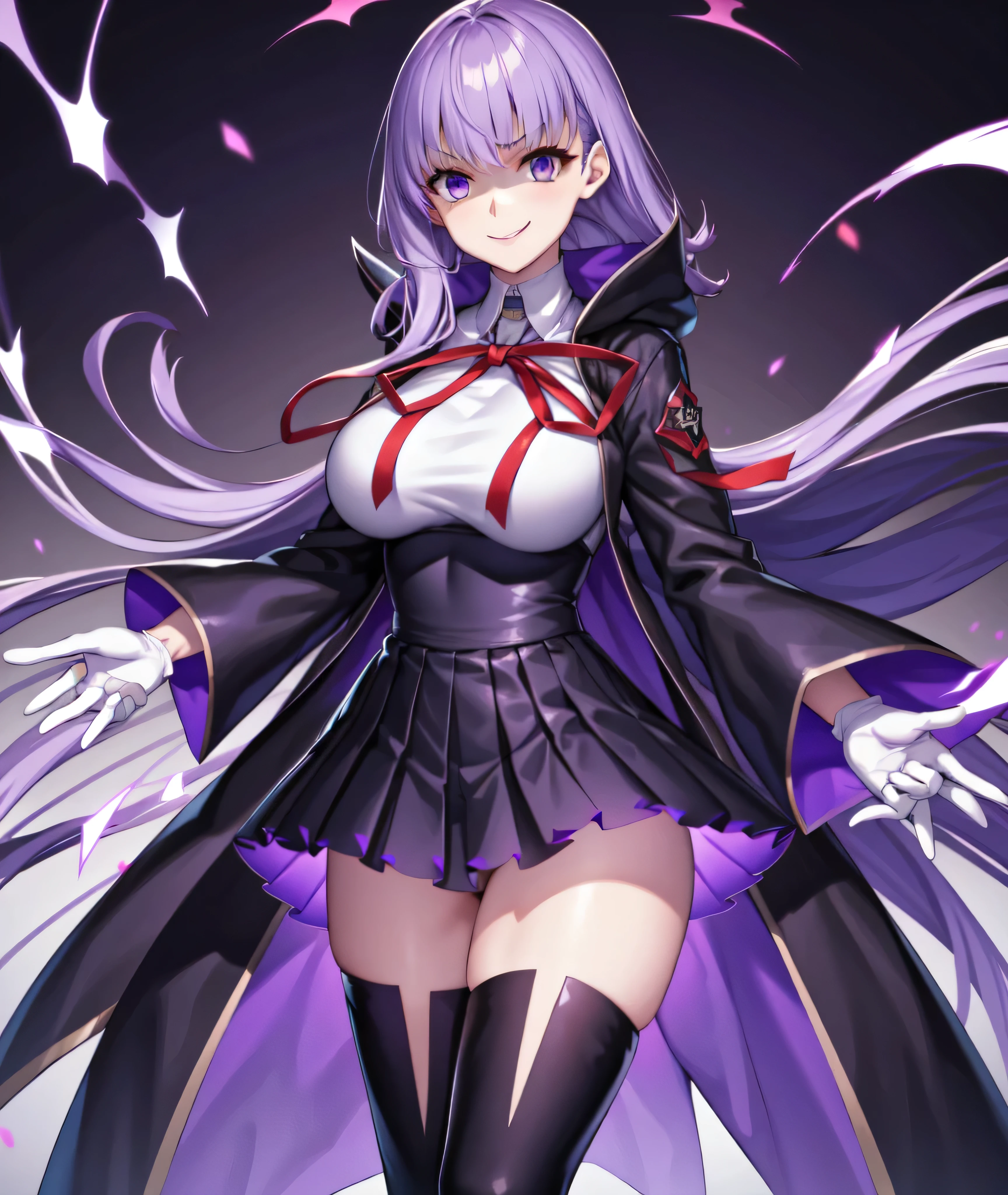  Isoscale, Mid Shot,  night, ,,, Purple Hair, Black jacket, White shirt, Black Skirt, Red ribbon, Big Breasts, Purple eyes, White gloves, Long Hair, Large collar, Wicked Smile,,shiny thigh high boots,(Wicked Smile:1.3),Highly detailed CG Unity 8k wallpaper, Perfect lighting,,Looking down at the viewer,,Anxious smile,Deep Dark World Background,Dark shadowed face(Eyes in the shadows),独奏,yandere,latex,masterpiece, Highest quality, High resolution, one person,View your viewers,look down,,Embodiment of evil,two hands,Two legs,five fingers,ruins,purple aura,beautiful body,beautiful hands,beautiful face,beautiful fingers,beautiful legs,perfect body,perfect hands,perfect legs,perfect fingers,perfect hair,purple lightning,dark atmosphere,A Veil of Ominous Shadows,gloomy names ruins