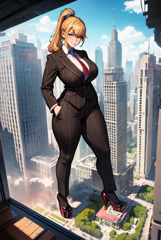 A growing Young adult women beautiful curves a massive thighs blonde hair in a ponytail lipstick wearing a perfect perfect tailored grey pinstriped trouser suit and blazer, crisp white shirt and large broad crimson windsor knot tie,colossal breasts. Platform high heels , standing, giantess art, tie clip, highly detailed giantess shots, giantess, most detailed, perfect face, Two legs, Five fingers, short hair, A girl who is bigger than a skyscraper, standing on very small city new york, skyscarpers at their feet, skyscrapers small, smile, huge breasts, major metropolis, numerous cities, , A very small big city, Miniature metropolis, Full body description, GTS, giga giantess, gigagts, stomping city, crash city, tiny city, micro city, , High resolution, highest quality, masterpiece,  tiny destroyed skyscrapers city, illustration, skyscrapers size of small toys standing behind and very far away from city, (masterpiece, best quality, best shadows, best shading, perfect hands, perfect face, cinematic lighting, colorful, ultra-detailed, beautiful photography, character focus, extremely-detailed, photorealistic, hyper photorealism, atmospheric), ), (giantess, stereotypical office boss), (dirty, filthy, unwashed, sweaty, unkempt, happy, tired, exhausted, annoyed), ((walking, mid stride:1.2, stepping down on:1.2, stomping, crush, rampage)), (black patent Louboutin rounded toe pumps, high heels, platform heels), ((,)), ((long ponytail hair with front bangs)), (high altitude photography, satellite view), (curvy, , heaving bosom, legs), (mega city, urban sprawl, and small towns, buildings, roads), (((cloudy, overcast, clouds and atmosphere partly obscuring the subject:1.2, hazy atmosphere, haze in foreground, wispy clouds))) footprints warzone 