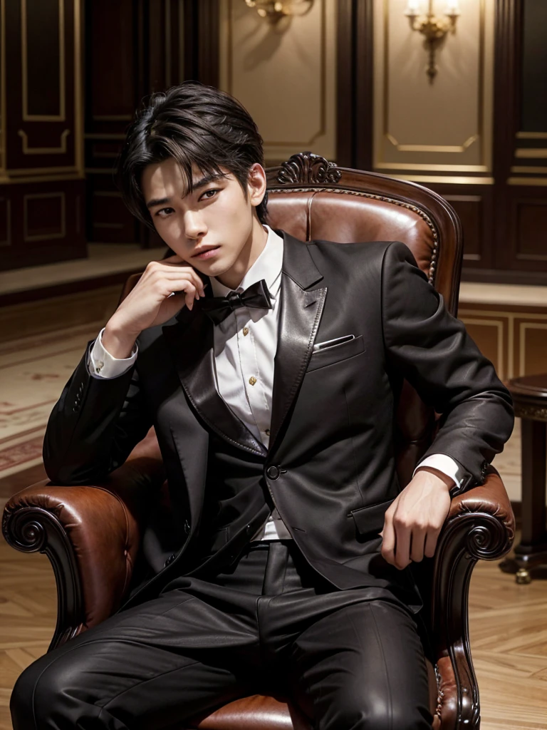 1 young man, Asian, sitting on a leather chair in a large room, It is in the center of the room, Maximum quality, Beautiful man, very manly, wear formal clothes, He is beautiful and young, sitting in a manly manner, boss of a mafia