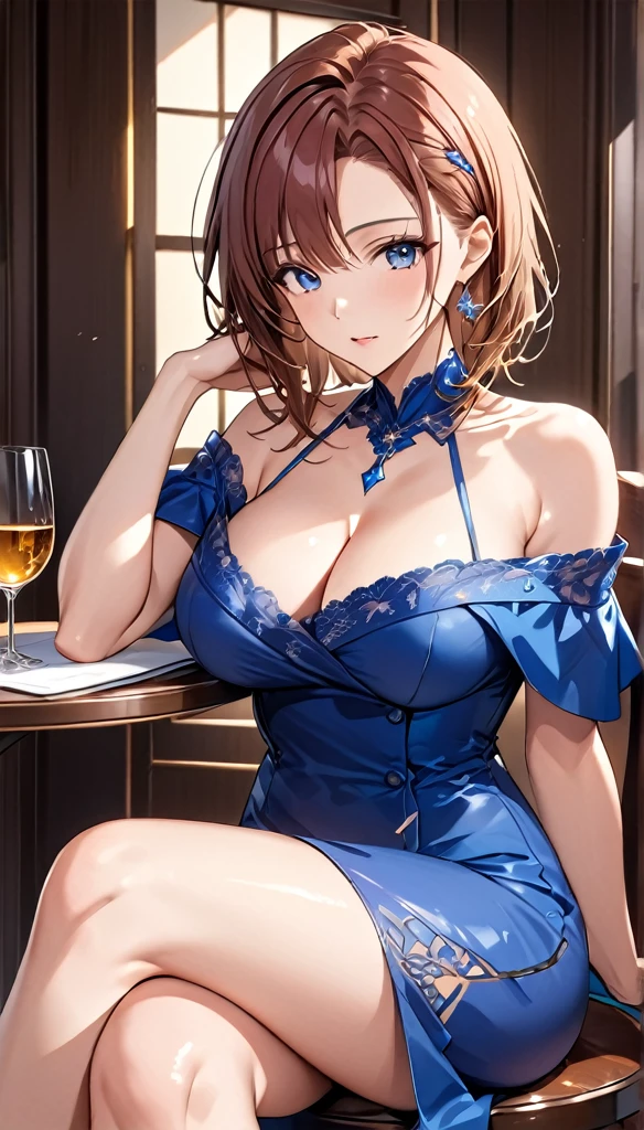 ((Highest quality、masterpiece、anime style、best quality、high resolution、8k、detailed、ultra-detailed:1.3)),off-shoulder dress,Mature Misaka Mikoto,sits by the table, detailed face, detailed eyes,sexy, large breasts,high res,high quality, masterpiece,black shiny heels, crossed legs, perfect anatomy, perfect body