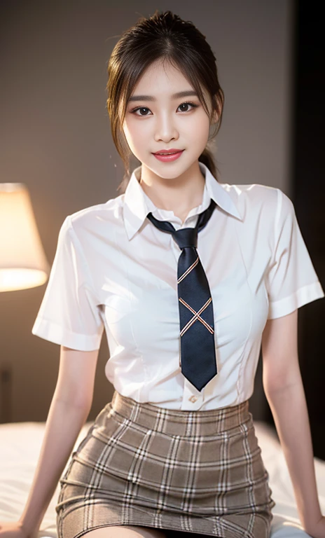 (A stunning Korean lady at night, dark bedroom, wearing a white short-sleeve blouse, plaid tie, plaid skirt, youthful charms, smooth complexion, beautiful detailed face, beautiful detailed eyes and lips, long eyelashes, slender figure, perfect body proportion, friendly expression, cute dimples, kind smile, short hair, side ponytail, a confident & poised demeanor. 

Blurred background, Bokeh effect. (best quality,4k,8k,highres,masterpiece:1.2),ultra-detailed,(realistic,photorealistic,photo-realistic:1.37),HDR,UHD,studio lighting,ultra-fine painting,sharp focus,physically-based rendering,extreme detail description,professional,vivid colors,bokeh, SFW, Safe for Work,)