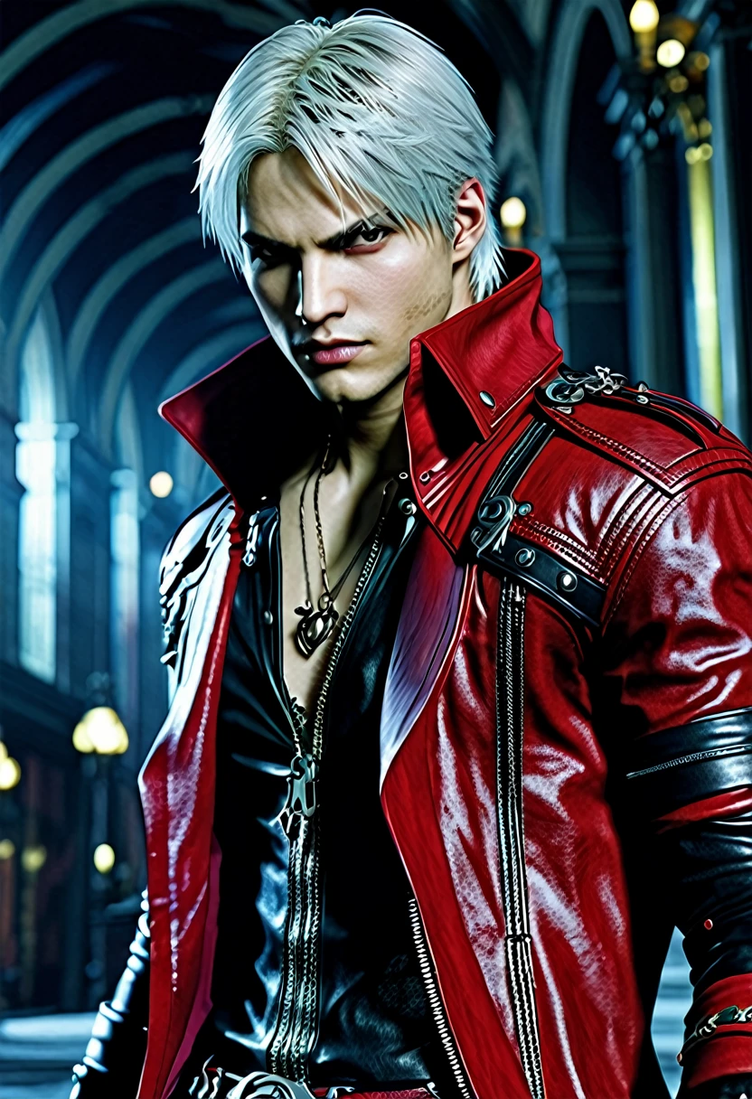 dante from devil may cry universe, (reimagined in a cyberpunk universe), (cyberpunk style), (cyberpunk), (cyberpunk style thanos armour), bald, (augmentation), (cybernetics), glowing neon red lights, cinematic scene, hero view, action pose, beautiful 8k, detailed background, masterpiece, best quality, high quality, absurdres, vivid, detailed skin texture, (neon red glow tubes running through the outfit:1.1), (brooding:0.5), (goosebumps:0.5), subsurface scattering, <lora:epi_noiseoffset2:1> <lora:GoodHands-vanilla:1> <lora:add_detail:1> <lora:dmc_dante:1>