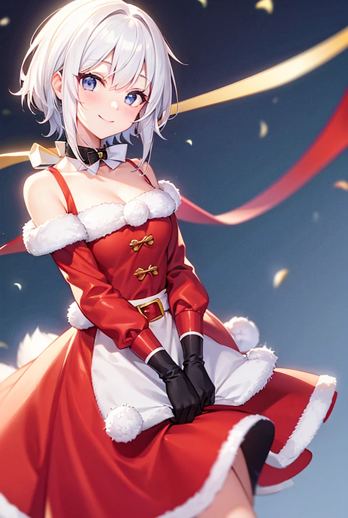 10 years old、Flat Chest、Gray Hair、Short Ponytail、Raise your arms、Santa Cosplay、Shoulder、