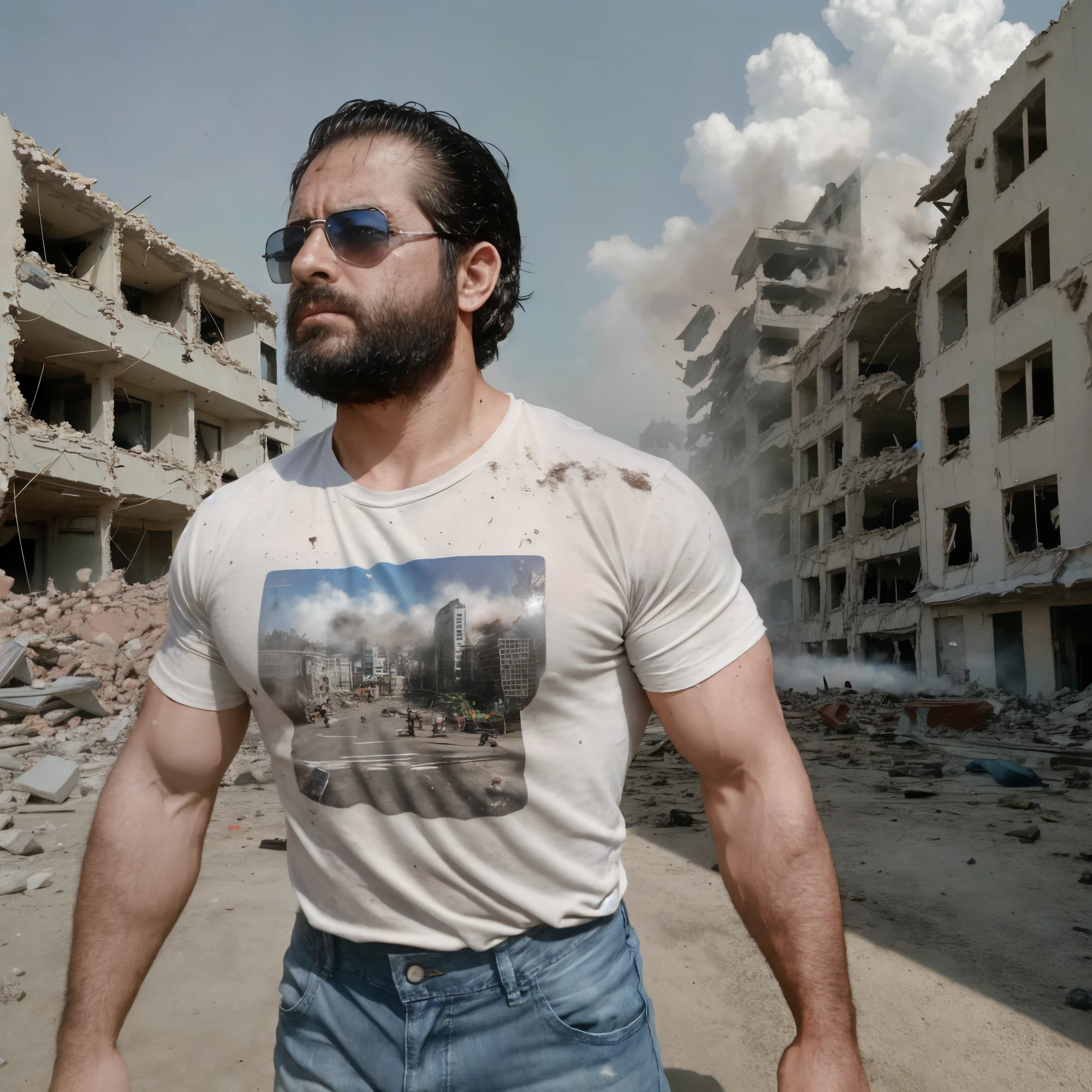 A muscular man with sunglasses, determined facial expression, sweat and dirt details, wearing torn T-shirt and jeans, in the middle of a devastating earthquake, buildings collapsing, ground cracking, dust and smoke-filled sky, intense gaze at the chaos