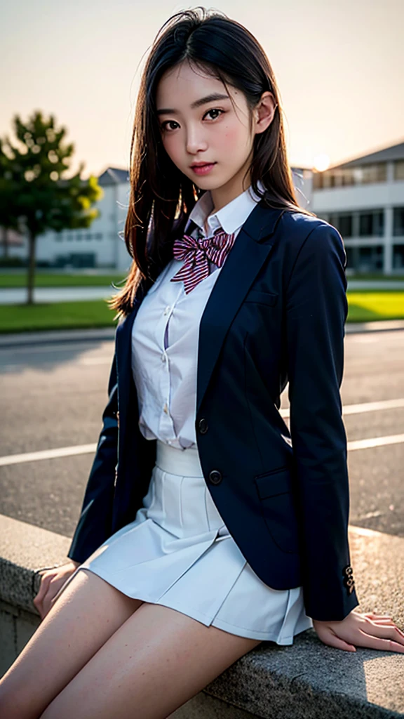 （best qualtiy，8k，tmasterpiece：1.3））,1girll, ssmile,full bodyesbian,Slim Faces,slim toned body,Beautiful woman,exquisite facial features,(black suit jacket，ribbons，Black long stockings，High School Uniforms:1.4),Super detailed face,Detailed eyes,二重まぶた,((A shallow smile:1.2)),blur backgroun,城市， do lado de fora， the street,voluptuous figure,Natural lighting,Bright light,((A plump chest:0.6)),((high-angle shot:1.2))