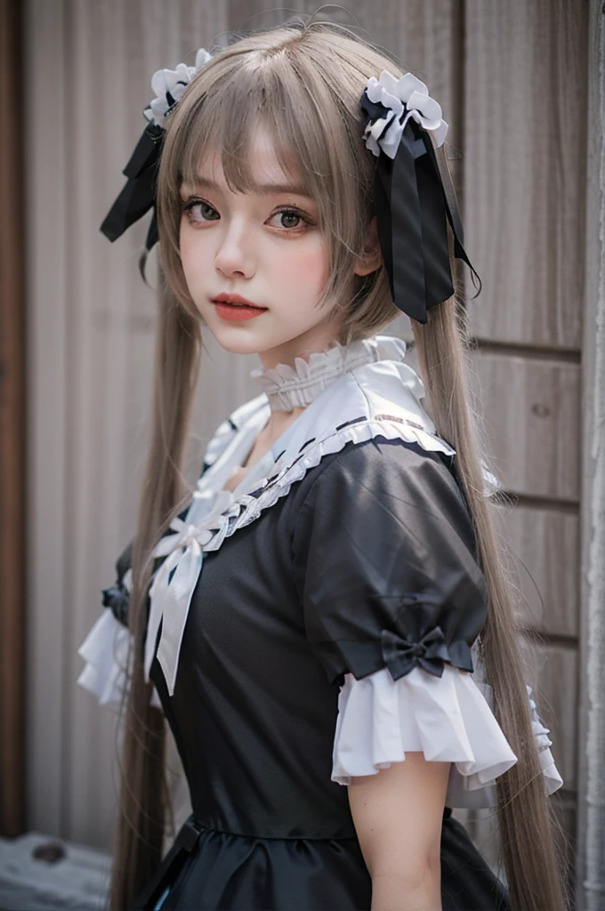 a beautiful young woman with long dark brown hair in two pigtails, wearing a lolita style victorian inspired dress, intricate lace details, pastel colors, dreamy expression, detailed facial features, elegant and whimsical, cinematic lighting, high quality, digital art, masterpiece