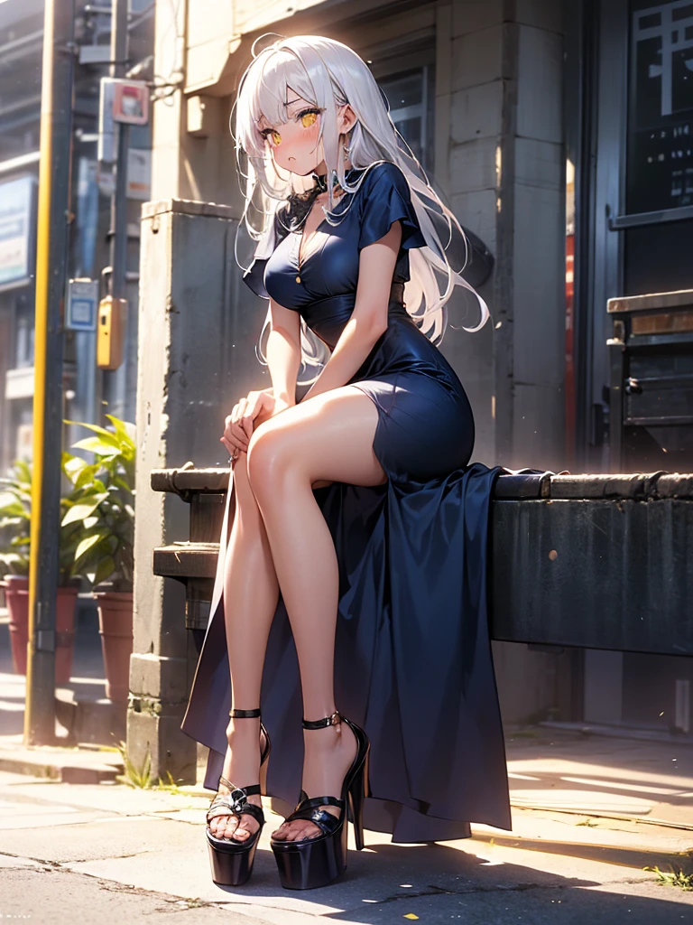 8K, Girl, solo, Full Body, Long hair, white hair, Yellow eyes, Sad mouth, blush, nervous, detailed face, Breasts, big Breasts, large Breasts, big Butt, Short dress, Tiny dress, Dark BLUE dress, tight dress, in a public walmart