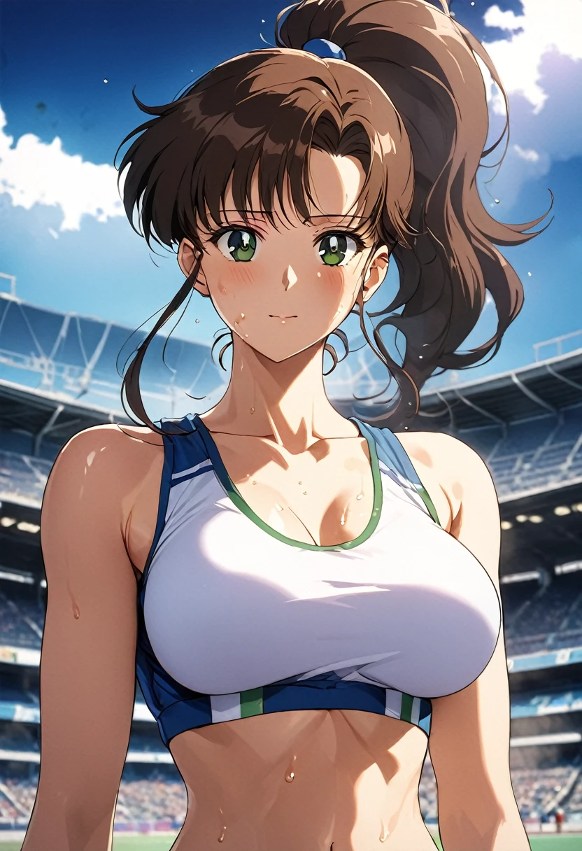 masterpiece, Highest quality, High resolution, (Makoto　Evil),1990s \(style\),Track and field uniforms、(E-cup beautiful breasts)、 (tall:1.2),height: 175cm,Fashion model body type、Sweating all over the body、vapor、Muscular、(sexly)、1girl,fullbody,nsfw,Face writhing in pleasure、The whole body is covered in sex fluids、Sweaty、Configuration from the front、vulgarity、Semen splattered on face、Anime-style painting style,Brown Hair、Ponytail Hair、Composition focusing on the upper body,Cinematic lighting,Ultra-fine,magnificent view、The background is an athletics stadium、blue sky