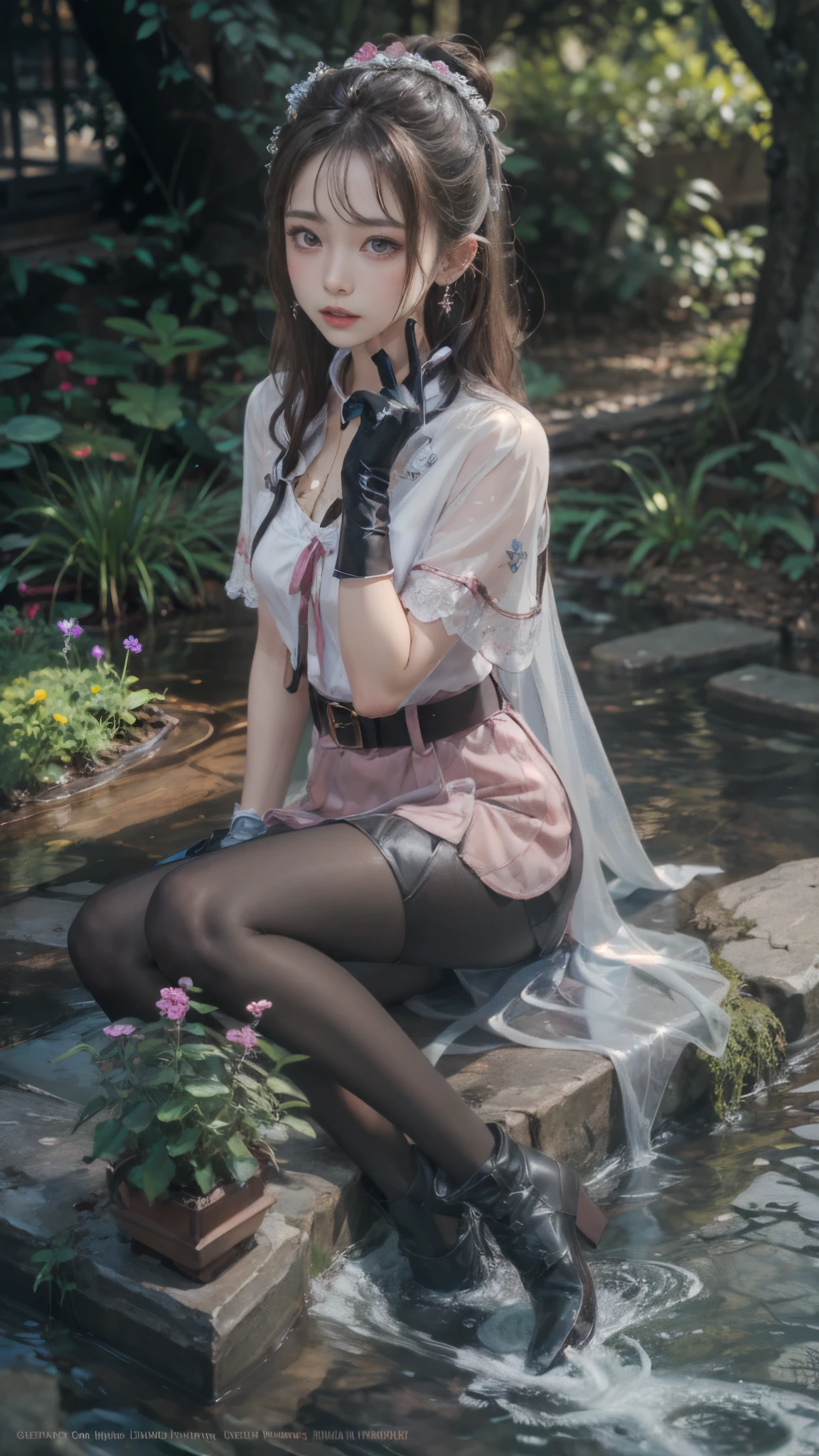 araffe sitting on a bench with a pink hair and a white dress, anime barbie in white stockings, elegant glamourous cosplay, anime girl cosplay, ornate cosplay, lovely languid princess, belle delphine, royal elegant pose, cosplay photo, anime goddess, thighhighs and skirt, a sexy maid in a magical forest, cute anime waifu in a nice dress