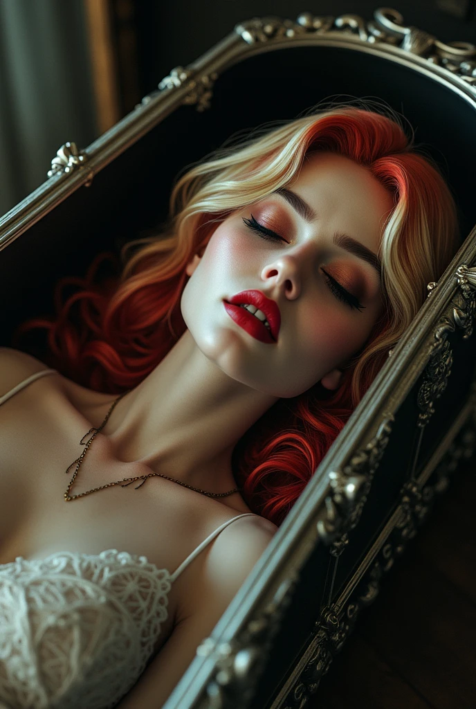 Create an image of a 20 year old Korean girl, with long pink hair,in a bathtub of blood, with jewelry, and money.