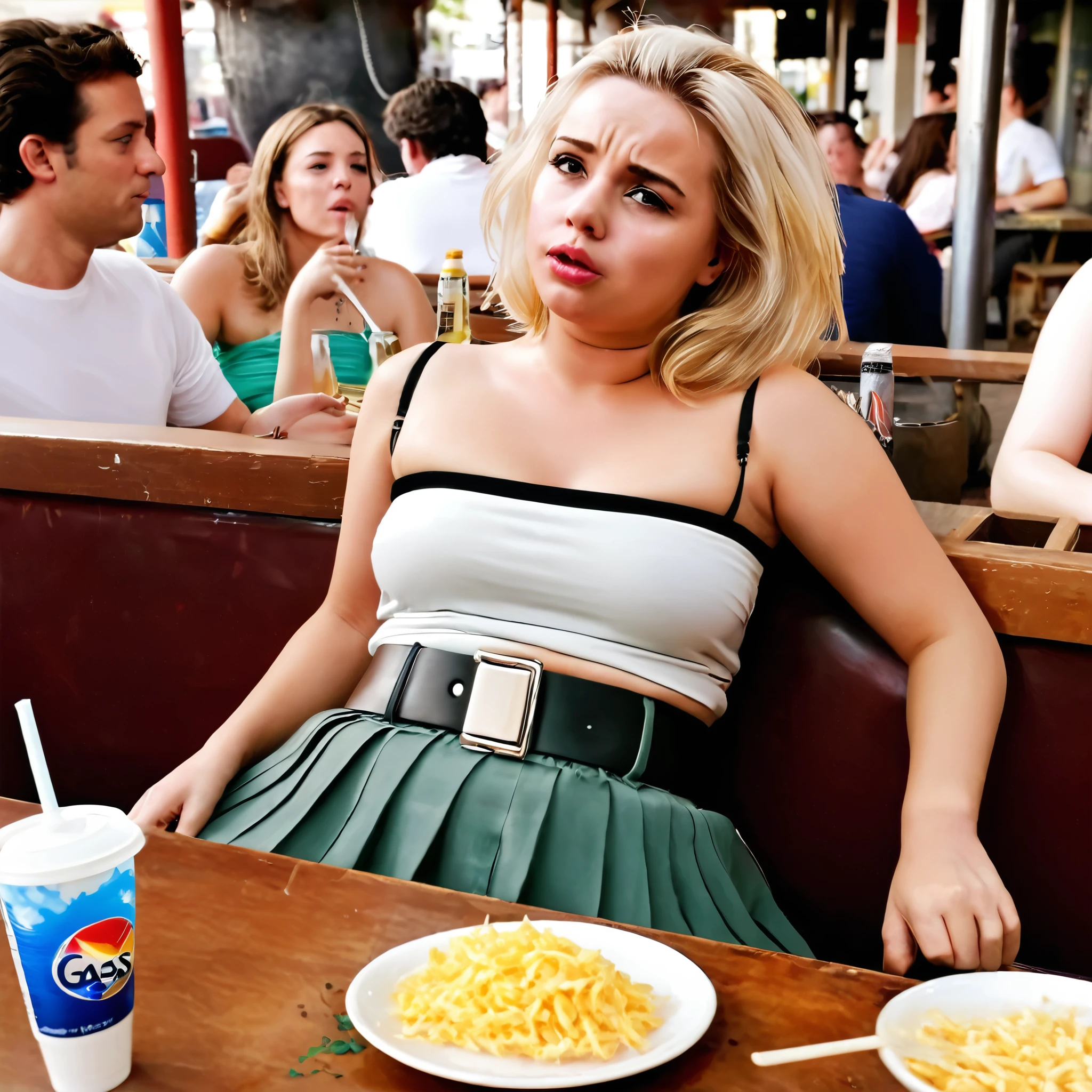 One woman, her belt very tight around her waist, the belt pops open because she is so full of food, (drunk emotions:1.5), (), belly overhang, stringy blonde hair, sitting at a table, eaten food in foreground, wearing a tube top and high waisted pants, ((heavy belly)), ((gas)), ((belly under skirt))