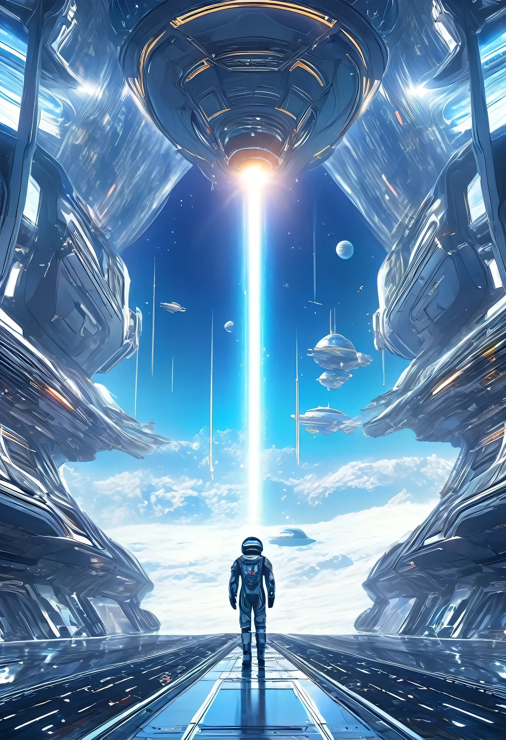 (Best Quality, 4k, ultra detailed, high resolution, Masterpiece: 1.2),(wide angle, Character in the distance on a futuristic building:1.5), There is a character seen from afar, located on a high observation point:1.4. It is small compared to the surroundings., highlighting the magnitude of the ship. The character is equipped with a space suit:1.5, with flashing lights and mechanical details.view of outer space: Through the ship&#39;s openings, you see a vast starry space. The stars are unevenly distributed., creating variable densities and suggesting the remoteness of some celestial objects.