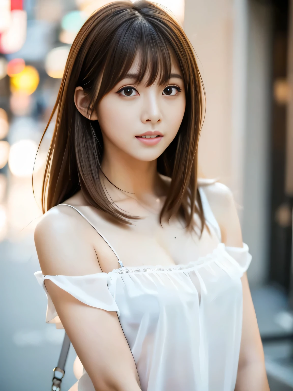 Ultra-high resolution, Superior Quality, Highest quality, Super detailed, Realistic, 8k, RAW Photos, Highest quality, masterpiece, Attractive girl, A wonderful girl, Brown Hair, Shoulder-length layered, Asymmetrical bangs, Japanese Idols, Sophisticated, stylish, Embarrassing, blouse, Shibuya Ward, 