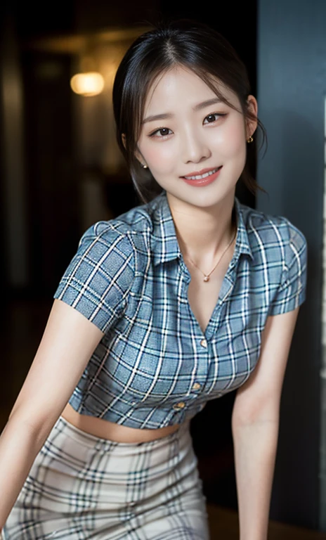 (A stunning Korean lady at night, dark bedroom, wearing a white short-sleeve blouse, plaid tie, plaid skirt, youthful charms, smooth complexion, beautiful detailed face, beautiful detailed eyes and lips, long eyelashes, slender figure, perfect body proportion, friendly expression, cute dimples, kind smile, short hair, side ponytail, a confident & poised demeanor. 

Blurred background, Bokeh effect. (best quality,4k,8k,highres,masterpiece:1.2),ultra-detailed,(realistic,photorealistic,photo-realistic:1.37),HDR,UHD,studio lighting,ultra-fine painting,sharp focus,physically-based rendering,extreme detail description,professional,vivid colors,bokeh, SFW, Safe for Work, cowboy shot, head to knee,)