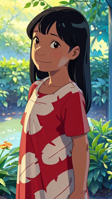 (1girl, solo, highly insanely detailed, masterpiece, top quality, best quality, highres, 4k, 8k, RAW photo),((innocent look)),((Childish)),From the front, symmetrical composition,smile,cute,Innocent,Kind eyes, kotonoha no niwa, park,flowers,lawn,trees, The Garden of Words, (lilo pelekai), upper body, dark skin, brown eyes, black hair, long hair, bangs, flat chest, red dress, short sleeves, child