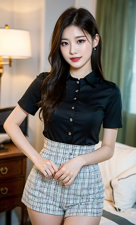 (A stunning Korean lady at night, dark bedroom, wearing a white short-sleeve blouse, plaid tie, plaid skirt, youthful charms, smooth complexion, beautiful detailed face, beautiful detailed eyes and lips, long eyelashes, slender figure, perfect body proportion, friendly expression, cute dimples, kind smile, short hair, side ponytail, a confident & poised demeanor. 

Blurred background, Bokeh effect. (best quality,4k,8k,highres,masterpiece:1.2),ultra-detailed,(realistic,photorealistic,photo-realistic:1.37),HDR,UHD,studio lighting,ultra-fine painting,sharp focus,physically-based rendering,extreme detail description,professional,vivid colors,bokeh, SFW, Safe for Work, cowboy shot, head to knee,)