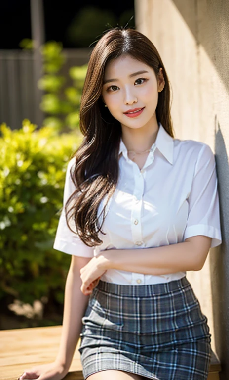 (A stunning Korean lady at night, dark bedroom, wearing a white short-sleeve blouse, plaid tie, plaid skirt, youthful charms, smooth complexion, beautiful detailed face, beautiful detailed eyes and lips, long eyelashes, slender figure, perfect body proportion, friendly expression, cute dimples, kind smile, short hair, side ponytail, a confident & poised demeanor. 

Blurred background, Bokeh effect. (best quality,4k,8k,highres,masterpiece:1.2),ultra-detailed,(realistic,photorealistic,photo-realistic:1.37),HDR,UHD,studio lighting,ultra-fine painting,sharp focus,physically-based rendering,extreme detail description,professional,vivid colors,bokeh, SFW, Safe for Work, cowboy shot, head to knee,)