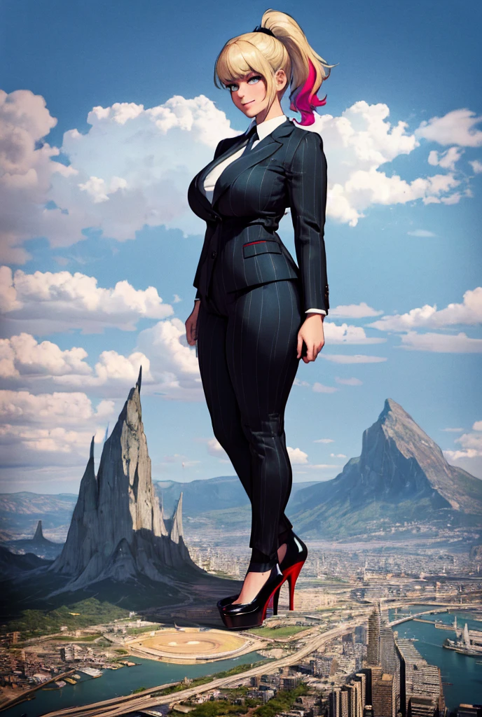 A growing Young adult women beautiful curves a massive thighs blonde hair in a ponytail lipstick wearing a perfect perfect tailored grey pinstriped trouser suit and blazer, crisp white shirt and large broad crimson windsor knot tie,colossal breasts. Platform high heels , standing, giantess art, tie clip, highly detailed giantess shots, giantess, most detailed, perfect face, Two legs, Five fingers, short hair, A girl who is bigger than a skyscraper, standing on very small city new york, skyscarpers at their feet, skyscrapers small, smile, huge breasts, major metropolis, numerous cities, , A very small big city, Miniature metropolis, Full body description, GTS, giga giantess, gigagts, stomping city, crash city, tiny city, micro city, , High resolution, highest quality, masterpiece,  tiny destroyed skyscrapers city, illustration, skyscrapers size of small toys standing behind and very far away from city, (masterpiece, best quality, best shadows, best shading, perfect hands, perfect face, cinematic lighting, colorful, ultra-detailed, beautiful photography, character focus, extremely-detailed, photorealistic, hyper photorealism, atmospheric), ), (giantess, stereotypical office boss), (dirty, filthy, unwashed, sweaty, unkempt, happy, tired, exhausted, annoyed), ((walking, mid stride:1.2, stepping down on:1.2, stomping, crush, rampage)), (black patent Louboutin rounded toe pumps, high heels, platform heels), ((,)), ((long ponytail hair with front bangs)), (high altitude photography, satellite view), (curvy, , heaving bosom, legs), (mega city, urban sprawl, and small towns, buildings, roads), (((cloudy, overcast, clouds and atmosphere partly obscuring the subject:1.2, hazy atmosphere, haze in foreground, wispy clouds))) footprints warzone 