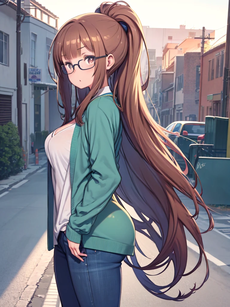 High resolution, high quality, 1 girl, anime girl, brown long hair, brown eyes,heart shaped pupils, green glasses, sunburned skin, big breasts,beautiful breasts, (big ass),beautiful ass,aqua Cardigan,jeans,standing,On the snowy road,