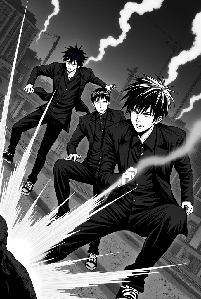 Anime character sitting on the ground with arms suspended in the air, monochrome artwork!!, Dynamic!!, Bakemonogatari, Illustrative!!, shounen jump, 2b, 2 b, black and white manga style, Official art, Dura, by Shinoda Toko, full_Body!!, Tsutomu Nihei's mixed style