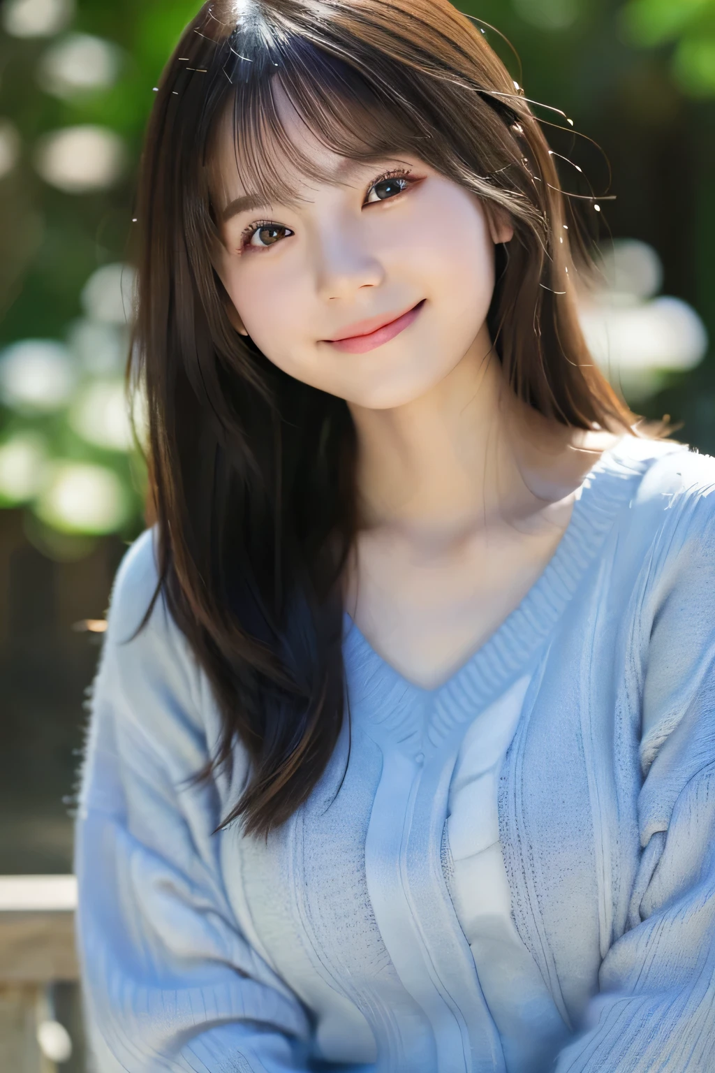 masutepiece, Best Quality, (Photo Real:1.4), (hyper realisitic:1.4), (Smooth lighting:1.05), High quality, Ultra details, High resolution, 8K Wallpaper, Perfect dynamic composition, Beautiful Woman with Perfect Figure, Slender, (mournful smile:1.4), Soft lighting, Back lighting, (cheerfulness:1.2), (Finest Real Textured Skins), Super fine face, glowy skin, retinas, Anatomically correct, acurate, Straight hair, large breasts natural color lip, Super Detail, Textured skin, Mouth slightly open, Neat and clean beauty, 20 years girl, Sexy shot looking at camera, Bangs, Mocha long sleeve knit dress