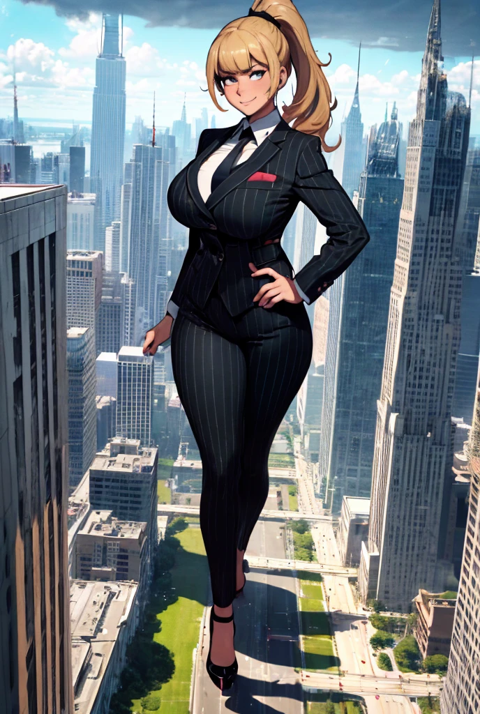 A growing Young adult women beautiful curves a massive thighs blonde hair in a ponytail lipstick wearing a perfect perfect tailored grey pinstriped trouser suit and blazer, crisp white shirt and large broad crimson windsor knot tie,colossal breasts. Platform high heels , standing, giantess art, tie clip, highly detailed giantess shots, giantess, most detailed, perfect face, Two legs, Five fingers, short hair, A girl who is bigger than a skyscraper, standing on very small city new york, skyscarpers at their feet, skyscrapers small, smile, huge breasts, major metropolis, numerous cities, , A very small big city, Miniature metropolis, Full body description, GTS, giga giantess, gigagts, stomping city, crash city, tiny city, micro city, , High resolution, highest quality, masterpiece,  tiny destroyed skyscrapers city, illustration, skyscrapers size of small toys standing behind and very far away from city, (masterpiece, best quality, best shadows, best shading, perfect hands, perfect face, cinematic lighting, colorful, ultra-detailed, beautiful photography, character focus, extremely-detailed, photorealistic, hyper photorealism, atmospheric), ), (giantess, stereotypical office boss), (dirty, filthy, unwashed, sweaty, unkempt, happy, tired, exhausted, annoyed), ((walking, mid stride:1.2, stepping down on:1.2, stomping, crush, rampage)), (black patent Louboutin rounded toe pumps, high heels, platform heels), ((,)), ((long ponytail hair with front bangs)), (high altitude photography, satellite view), (curvy, , heaving bosom, legs), (mega city, urban sprawl, and small towns, buildings, roads), (((cloudy, overcast, clouds and atmosphere partly obscuring the subject:1.2, hazy atmosphere, haze in foreground, wispy clouds))) footprints warzone 