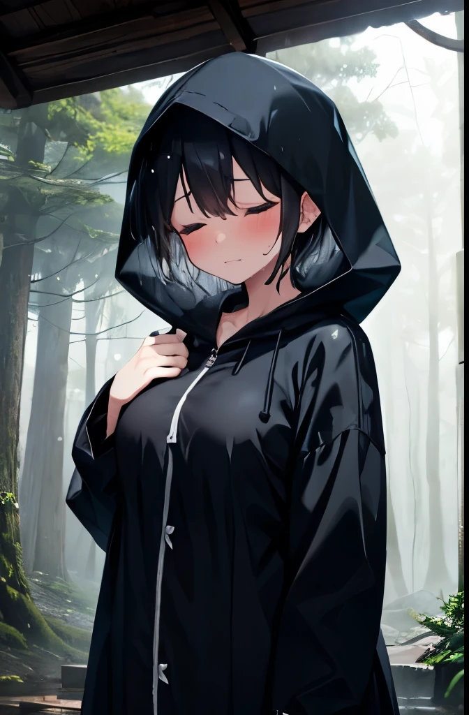 forest,rain,fog,cloudy,Girl 1,boyish,short hair,Black Hair,Long black raincoat,Wear a hood,Serious face,Wet,Are standing,Gloomy face,front,Cowboy Shot,Black Mask,Close ~ eyes,Large Breasts