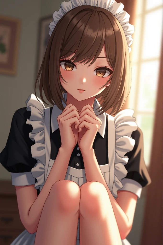 irohaisshiki, iroha isshiki, long hair, brown hair, (brown eyes:1.5), ponytail,blush,smile,Maid clothes,bare chest,medium chest,she was wearing a maid skirt, black pantyhose on her legs, narrow your eyes,He rests his arm on the desk and rests his chin on his back.,
break indoors, room,
break looking at viewer,
break (masterpiece:1.2), highest quality, High resolution, unity 8k wallpaper, (figure:0.8), (detailed and beautiful eyes:1.6), highly detailed face, perfect lighting, Very detailed CG, (perfect hands, perfect anatomy),