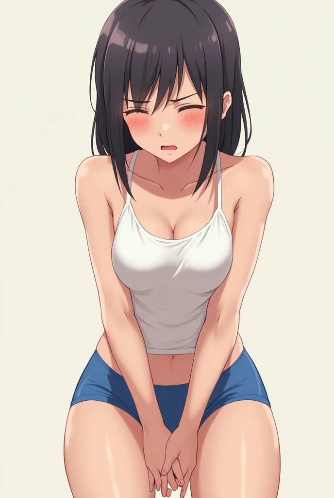 Residential Street,smile,Squat,1  ,ponytail,Black Hair,blush,Navy school swimsuit,barefoot,White skin,summer,From below,shy,Sweat,shy,Super big breasts、School swimsuit that looks like it's going to tear