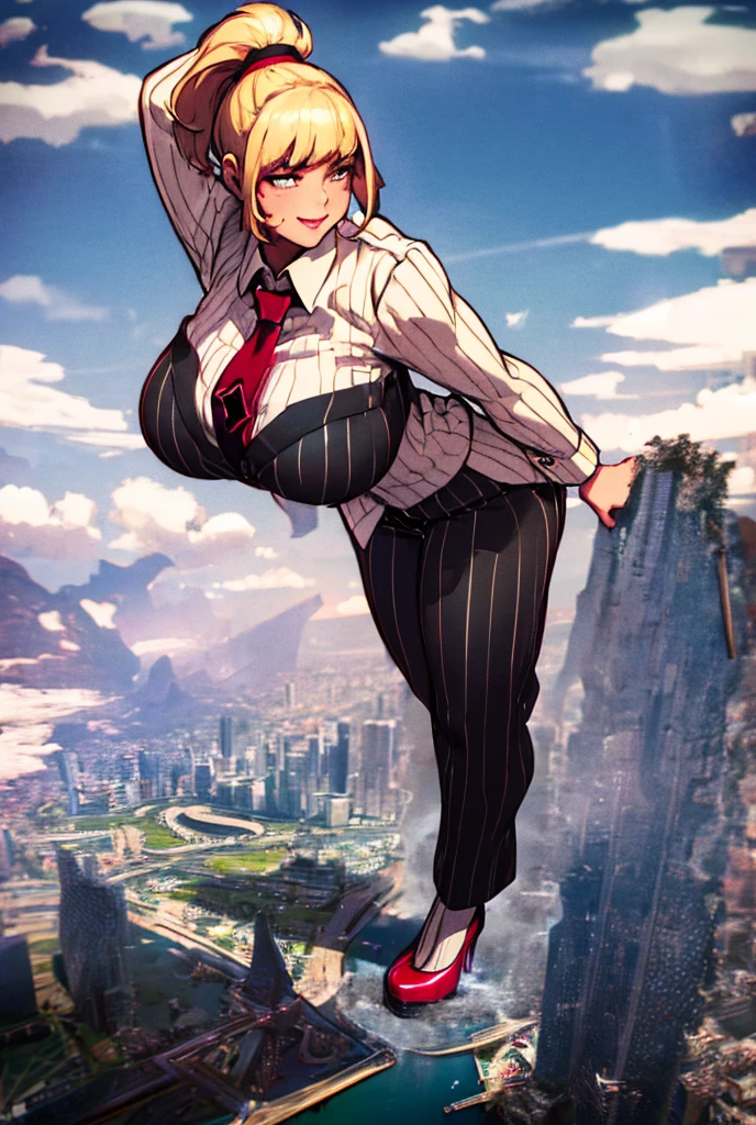 A growing Young adult women beautiful curves a massive thighs blonde hair in a ponytail lipstick wearing a perfect perfect tailored grey pinstriped trouser suit and blazer, crisp white shirt and large broad crimson windsor knot tie,colossal breasts. Platform high heels , standing, giantess art, tie clip, highly detailed giantess shots, giantess, most detailed, perfect face, Two legs, Five fingers, short hair, A girl who is bigger than a skyscraper, standing on very small city new york, skyscarpers at their feet, skyscrapers small, smile, huge breasts, major metropolis, numerous cities, , A very small big city, Miniature metropolis, Full body description, GTS, giga giantess, gigagts, stomping city, crash city, tiny city, micro city, , High resolution, highest quality, masterpiece,  tiny destroyed skyscrapers city, illustration, skyscrapers size of small toys standing behind and very far away from city, (masterpiece, best quality, best shadows, best shading, perfect hands, perfect face, cinematic lighting, colorful, ultra-detailed, beautiful photography, character focus, extremely-detailed, photorealistic, hyper photorealism, atmospheric), ), (giantess, stereotypical office boss), (dirty, filthy, unwashed, sweaty, unkempt, happy, tired, exhausted, annoyed), ((walking, mid stride:1.2, stepping down on:1.2, stomping, crush, rampage)), (black patent Louboutin rounded toe pumps, high heels, platform heels), ((,)), ((long ponytail hair with front bangs)), (high altitude photography, satellite view), (curvy, , heaving bosom, legs), (mega city, urban sprawl, and small towns, buildings, roads), (((cloudy, overcast, clouds and atmosphere partly obscuring the subject:1.2, hazy atmosphere, haze in foreground, wispy clouds))) footprints warzone 