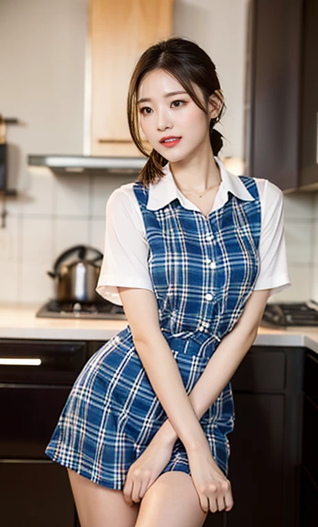 (A stunning Korean lady at night, kitchen, wearing a white short-sleeve blouse, plaid tie, plaid skirt, youthful charms, smooth complexion, beautiful detailed face, beautiful detailed eyes and lips, long eyelashes, slender figure, perfect body proportion, friendly expression, cute dimples, kind smile, short hair, side ponytail, a confident & poised demeanor. 

Blurred background, Bokeh effect. (best quality,4k,8k,highres,masterpiece:1.2),ultra-detailed,(realistic,photorealistic,photo-realistic:1.37),HDR,UHD,studio lighting,ultra-fine painting,sharp focus,physically-based rendering,extreme detail description,professional,vivid colors,bokeh, SFW, Safe for Work, cowboy shot, head to knee,)