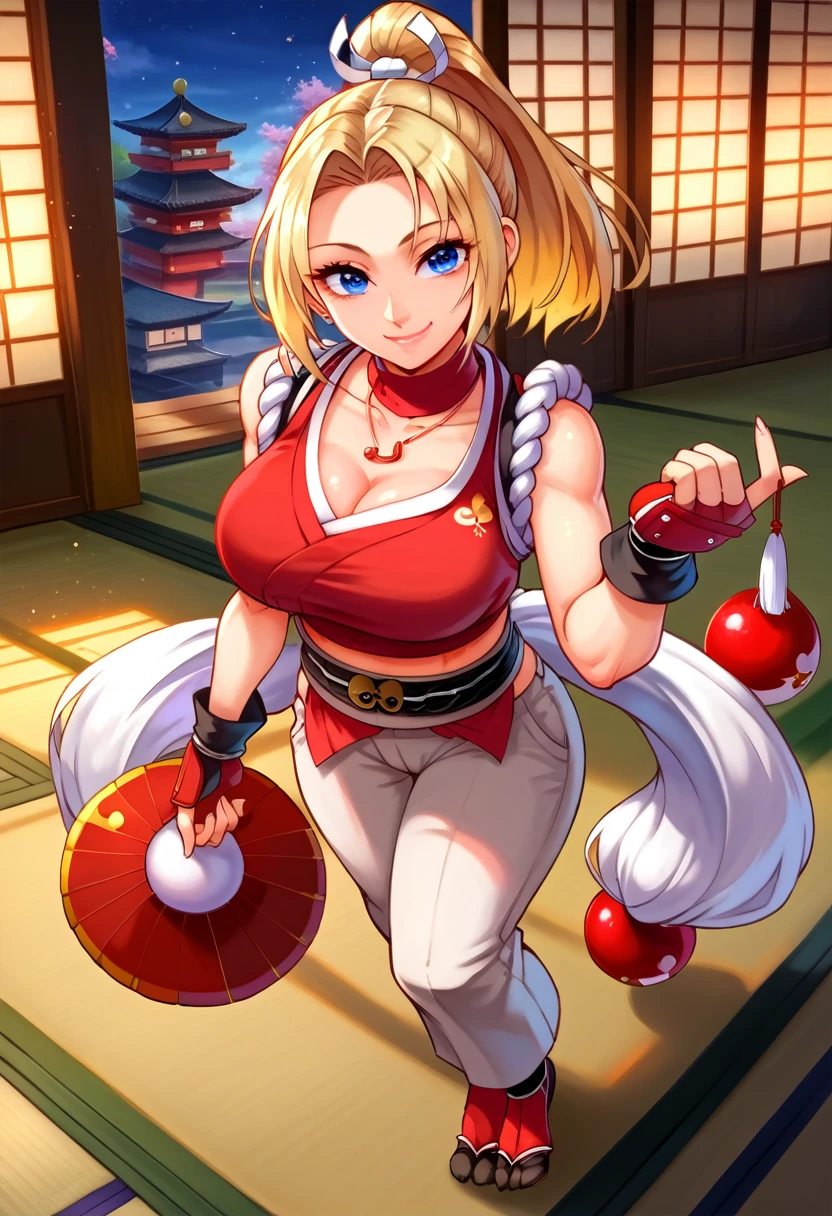 score_9, score_8_up, score_7_up, 1girl, solo, BlueMary, short hair, blue eyes,pants, crop top, turtleneck, belt, large breasts, fingerless gloves, necklace, standing, standing, lying on floor, on side, flirtatious smile, looking at you, night, street, illimunated city, from above, ((、Mai Shiranui,ponytail,Background is a Japanese-style room in a Japanese house:1.3)),, Looking at the audience,Slim and sexy figure, the best quality, (8k), (4K),(masterpiece), (the best quality), Extremely detailed, Game CG, Ultra Detailed, illustration, Beautiful Body,Beautiful nose,fair character design, Perfect Eye, Perfect Face , 1 girl, 30 years,Fair Finger,Fair body, Fair Nose,Fair character design, perfect Eye, perfect Face,expressive Eye,Perfect balance,(Light_Smile:0.3), official art,Extremely detailed CG Unity 8K wallpaper, Perfect lighting,rich and colourful, bright_front_Face_Lighting,White skin, (masterpiece:1.0),(the best_quality:1.0), Ultra-high resolution,4K,Ultra Detailed, photography, 8k, HDR, high resolution, Kodak Portrait 400, Film Grain, Blurred background, bokeh:1.2,Professional photographer, (Fair,Big goals_Chest:1.4), underwear,lace, underwear, lingerie、(((smile,pretty face:1.3))), full body, merged, merging
