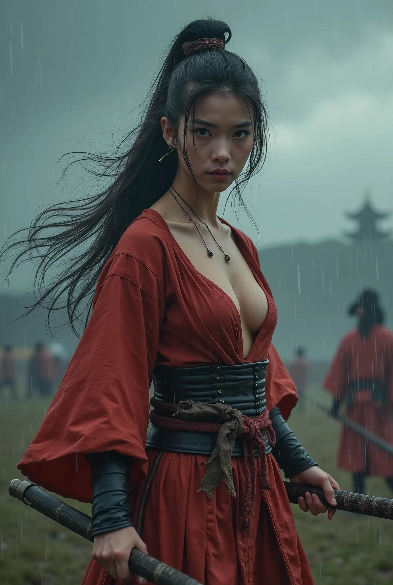 topless, no shirt, beautiful Japanese woman with big breasts in revealing short samurai costume, Fighting Pose, Confident Look, battlefield, strong wind, Heavy rain, thunderstorm