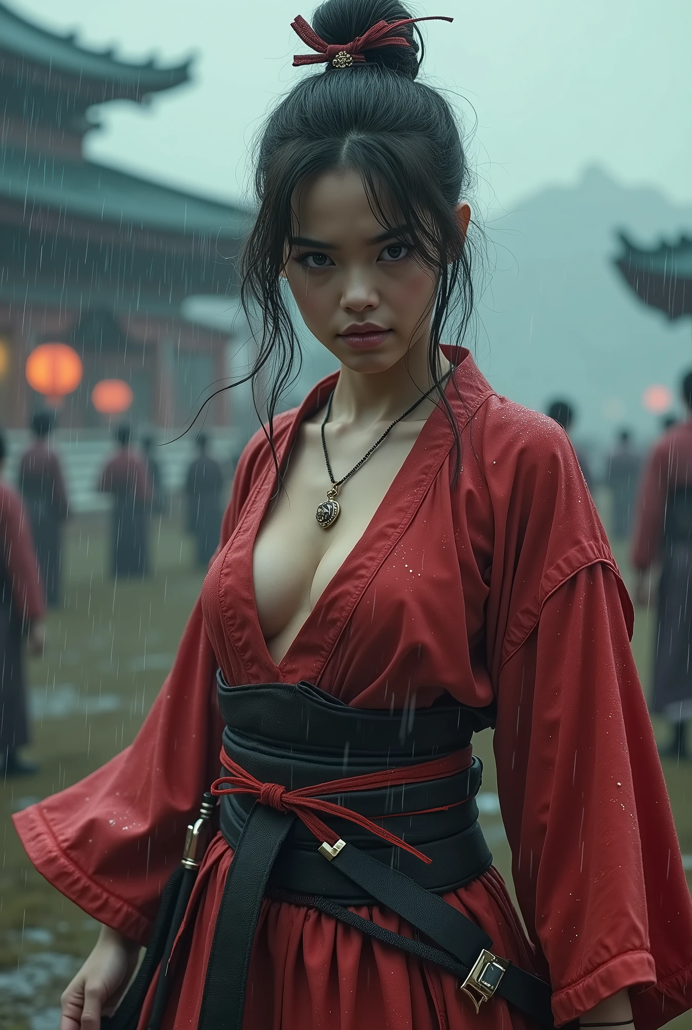 a woman with blood on her face holding a knife, inspired by Yasuo Kuniyoshi, reddit, cinematic goddess body shot, yanjun chengt, white hanfu, hyper real photo, summer glau, chest up bust shot, reminiscent of blade runner, nurse, jingna zhang, chainsaw sword