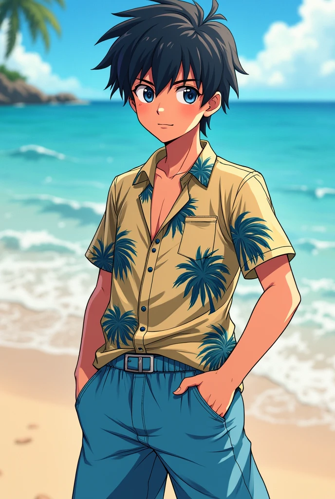 1boy, 1solo, ash ketchum, black hair, brown eyes, hair between eyes, ash ketchum, on beach, open hawaiian shirt, short sleeves, shirtless, male swimwear, wet hair, wet skin, sweat skin, handsome boy, macho, good looking boy, striking a pose