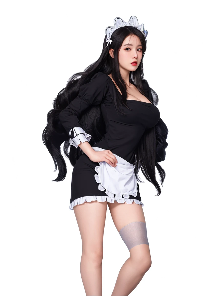(female:1.2) (bodybuilder:0.8), hyper realistic, masterpiece, photorealistic, real skin, detailed face, detailed skin, detailed lighting, 1girl, (blue eyes), large breasts, cleavage, long hair, black hair, purple dress, red lips, open mouth, amazing pose, thigh, holding apron, knees hit the floor, red footwear